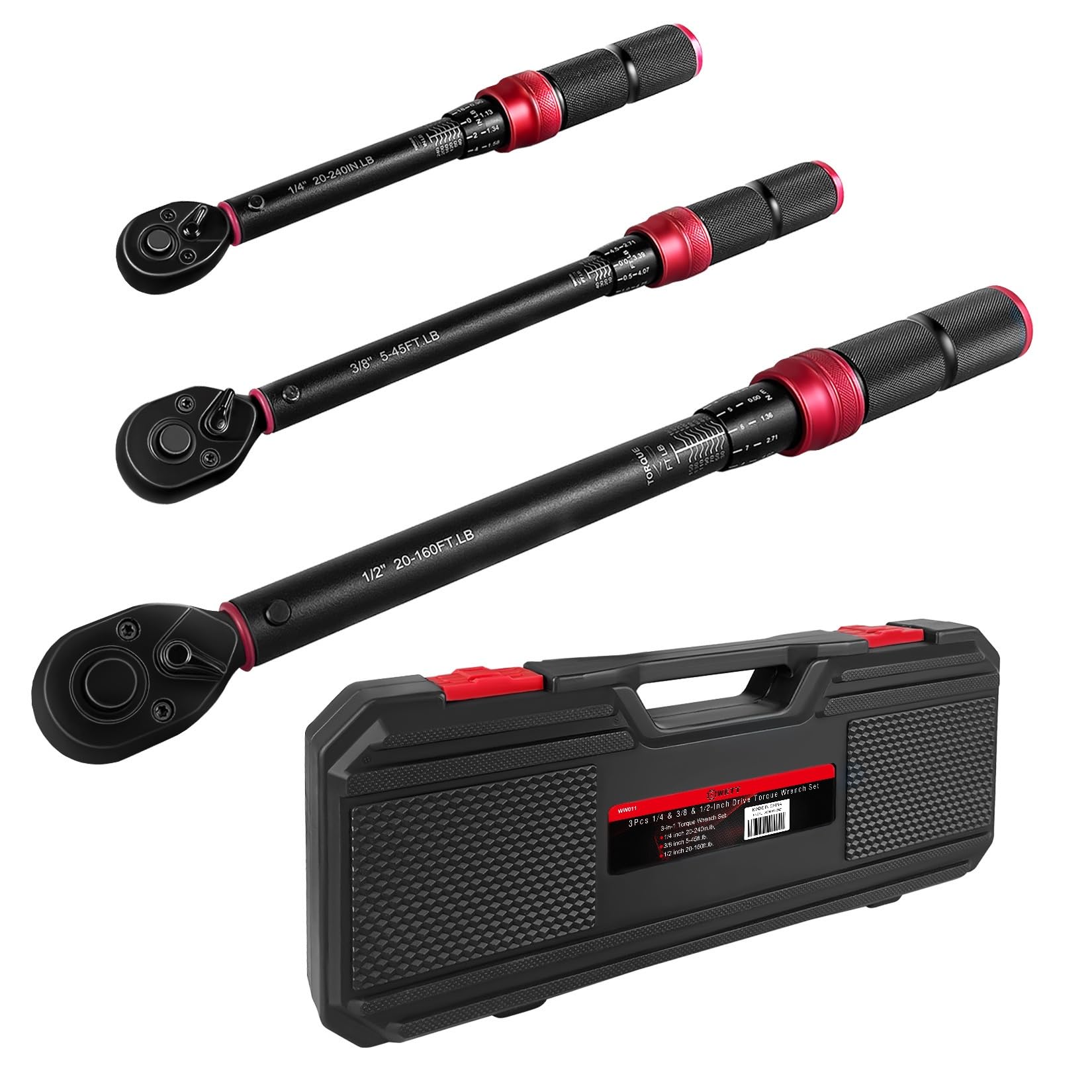 WETT 3Pcs Torque Wrench Set, 1/4'' & 3/8'' & 1/2'' Drive Click