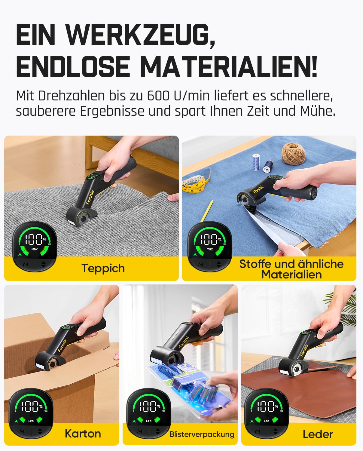 Fanttik C10 Pro BowGuide Elektrischer Kartonschneider, Kalbellose Schere mit LED Anzeige, 2-Geschwindigkeiten, Wiederaufladbarer Rotationsschneider mit Klingen für Stoff, Teppich, Leder, Karton