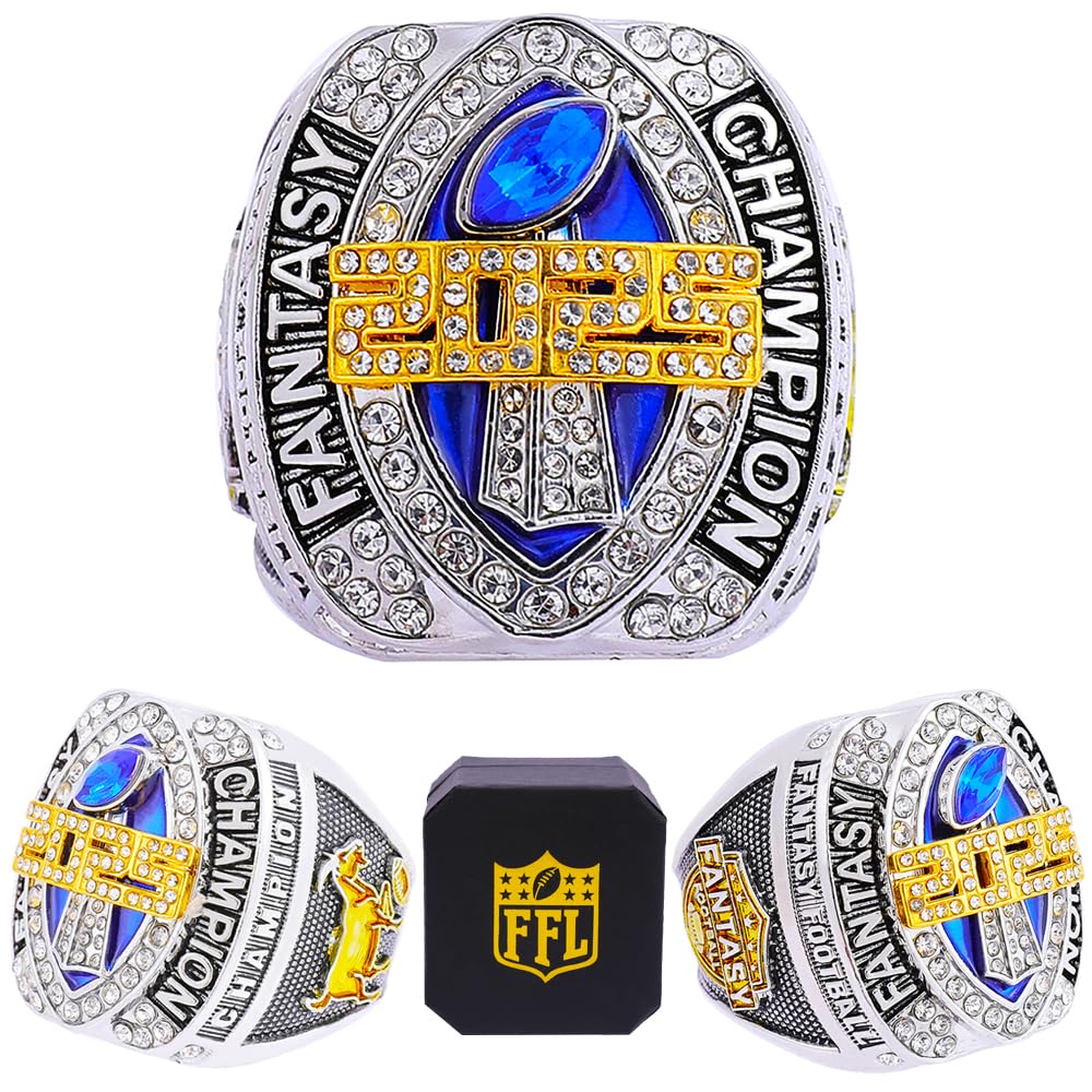 2025 Fantasy Football Championship Ring | Heavy FFL Champion Trophy Ring | Gold Silver Tone Plated Award Trophy for Fantasy Football League Winner