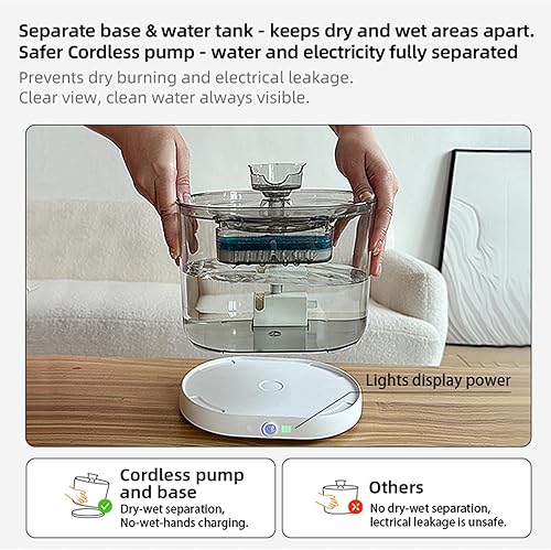 Miniatura 7 de Fuente de agua automática para gatos, 2.2L74 onzas inalámbricas con bandeja de acero inoxidable, fuente ultra silenciosa para mascotas para gatos y