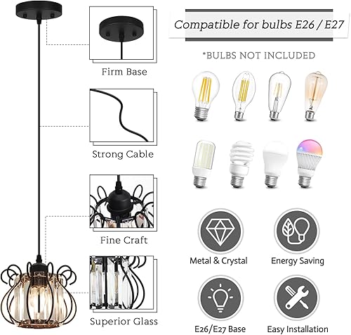 Miniatura 2 de ADISUN Lámpara colgante de cristal para isla de cocina con forma de corona, luz negra moderna de isla de cocina para bombilla E26, elegante mini