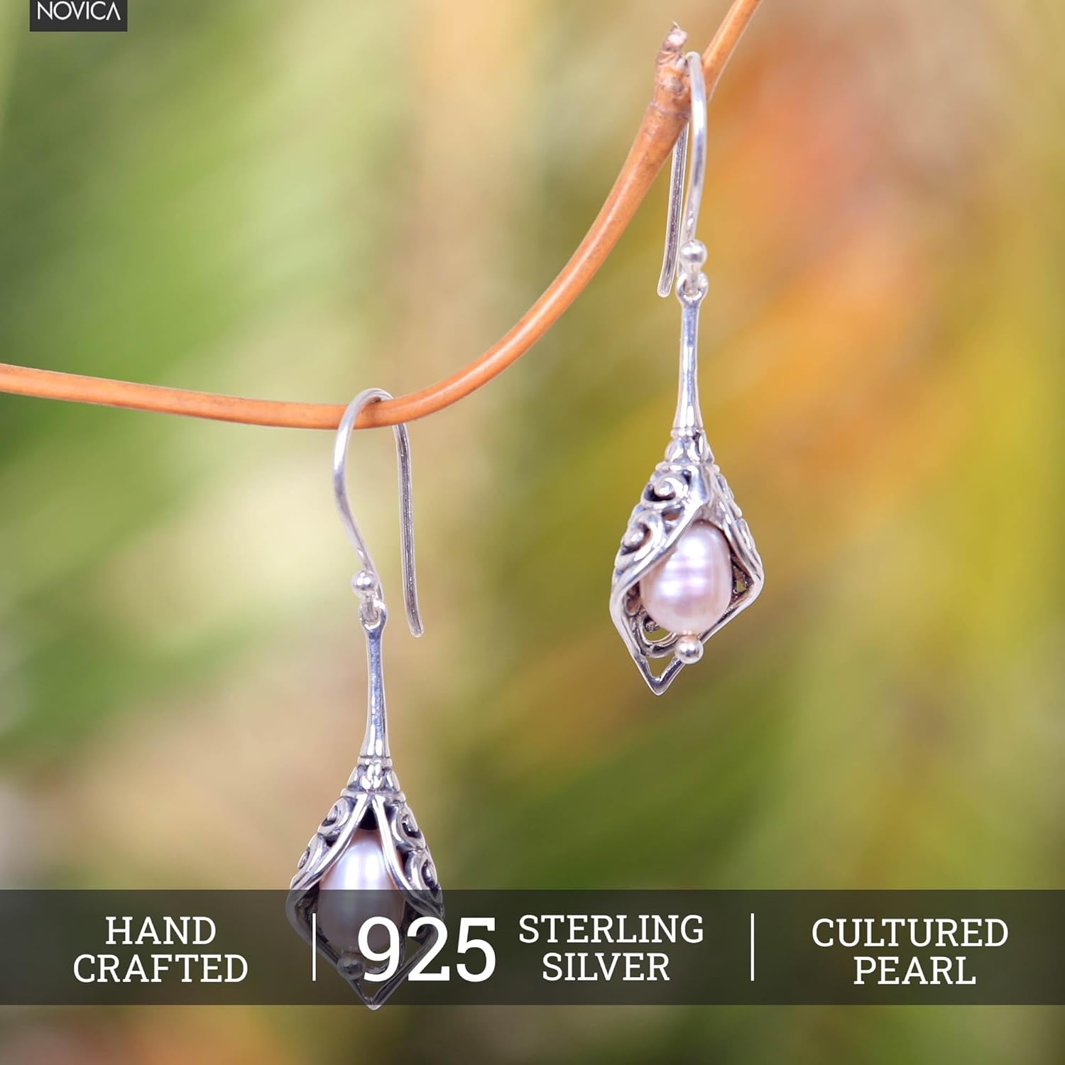 NOVICA Artisan Handcrafted Cultured Freshwater Pearl Dangle Earrings | Balinese Crafted Sterling Silver | Floral Birthstone | Long French Wire | Indonesia ' White Calla Lily' 1.6" L x 0.4" W x 0.2" D