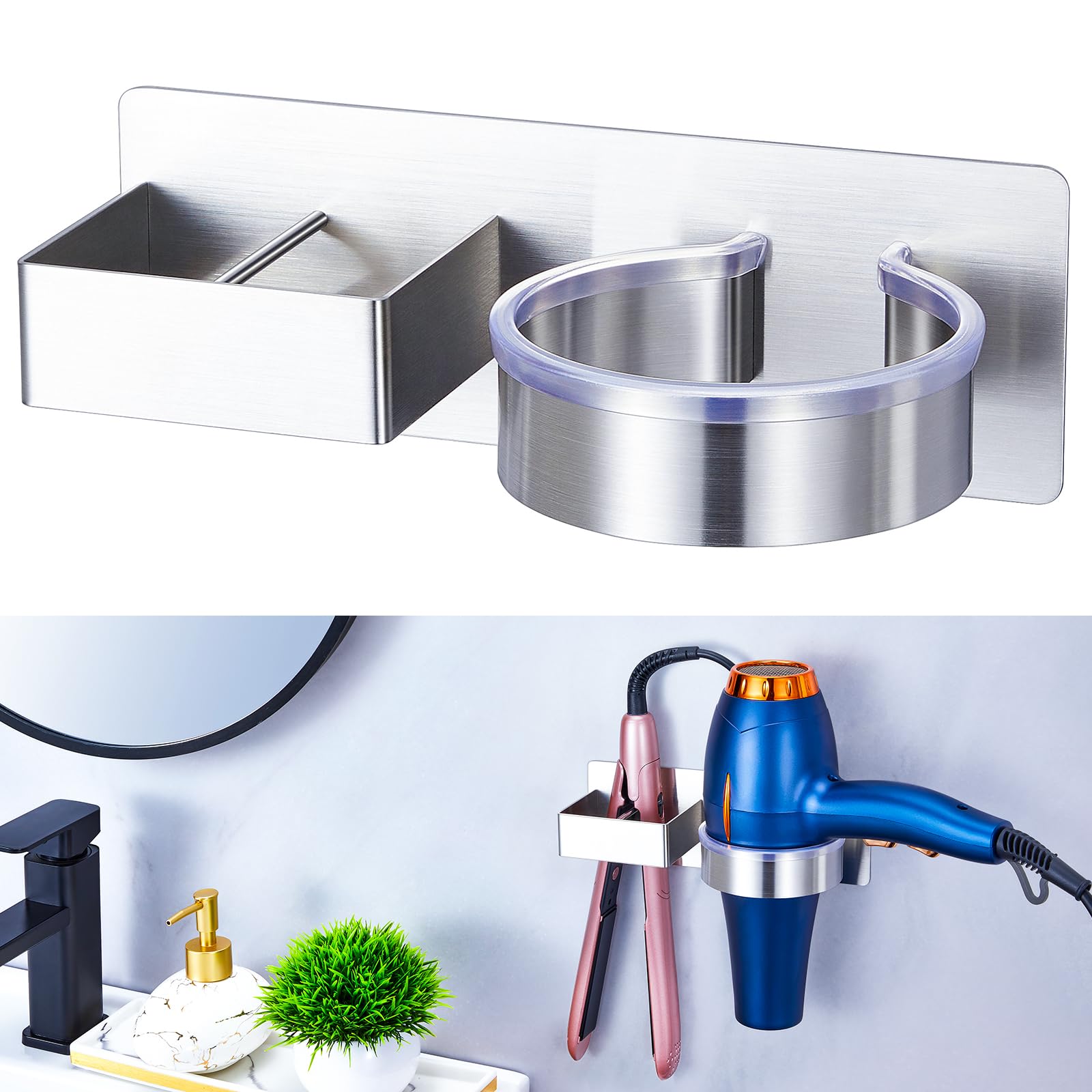 Soporte para secador de pelo montado en la pared, organizador de herramientas de pelo para baño, soporte adhesivo para secador de pelo, soporte para secador de pelo de acero inoxidable