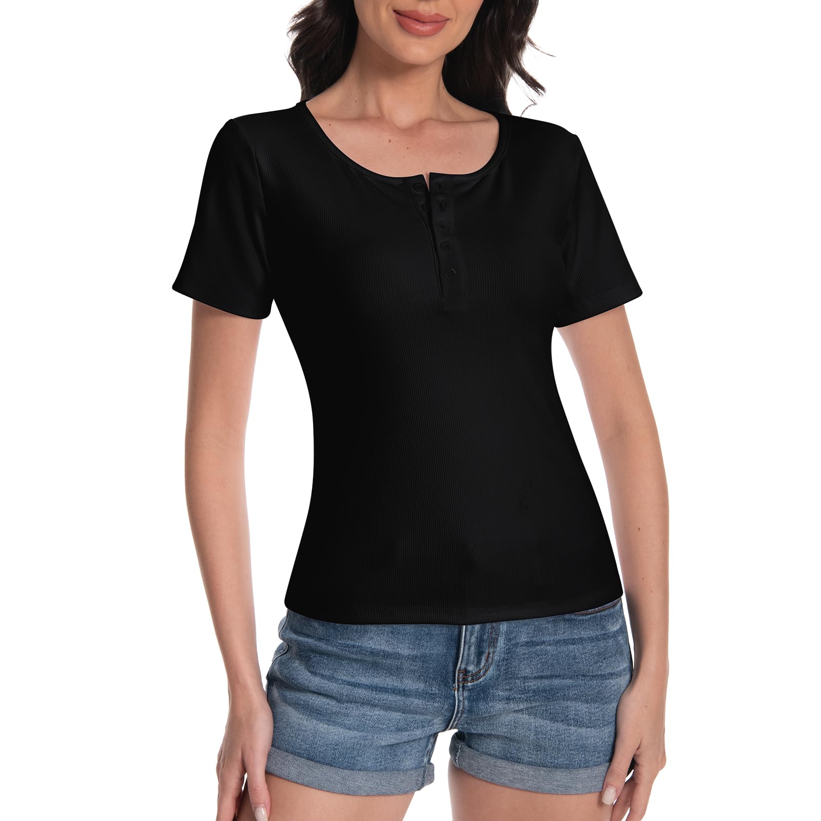 Rolcoassuns 2 Pack Damen Crop T-Shirt Locker Top mit Rundhalsausschnitt, Casual Einfarb Short Sleeve Soft Comfortable Basic Tees