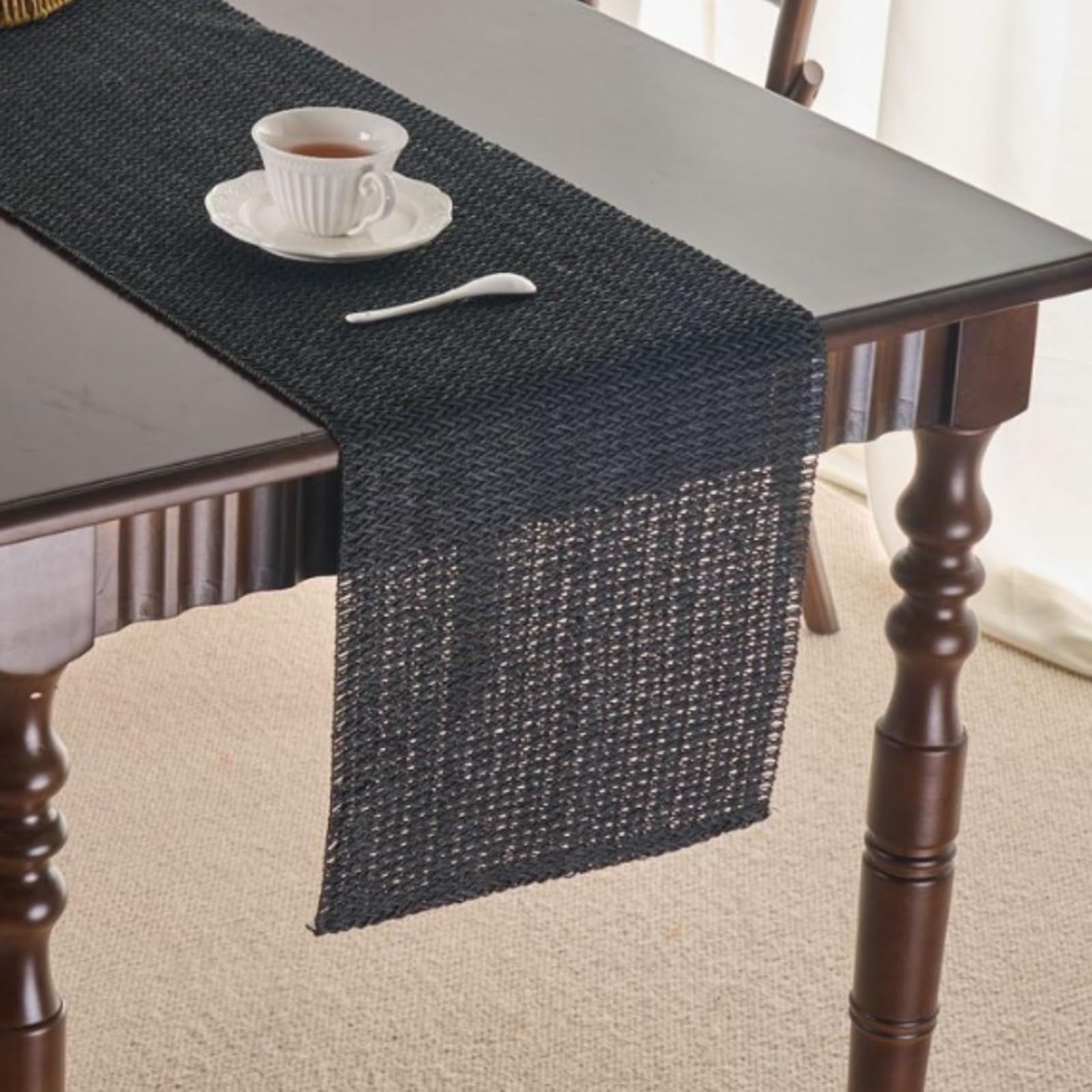 Schwarz Tischläufer Papier, Makramee Boho Tischläufer Dekostoff Abwaschbar Tischband Einfarbig Hohl Gewebter Tischdecke für Esszimmer Hochzeit Party Dekor, 33x220 cm, Schwarz