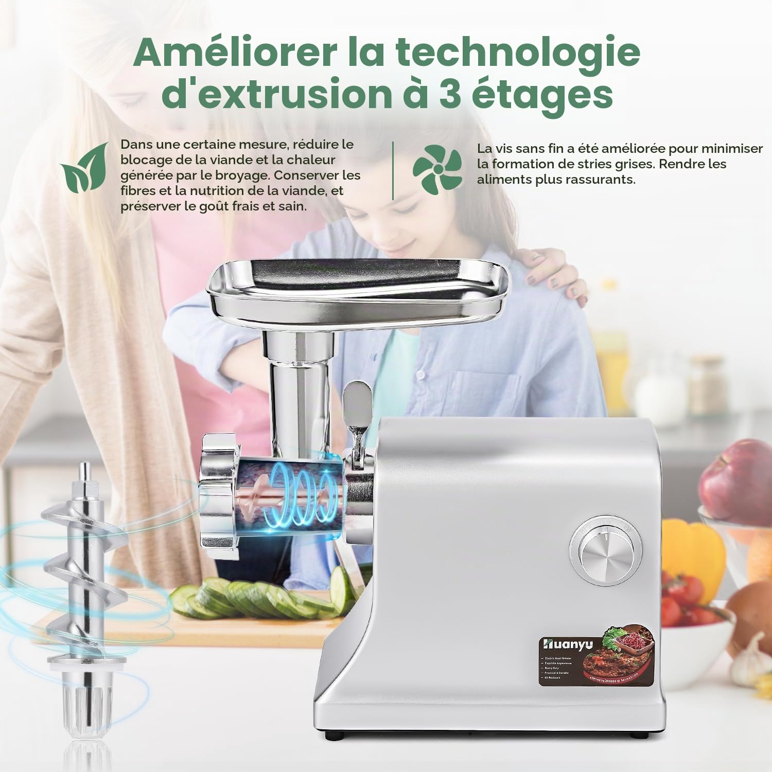 Huanyu Hachoir Électrique 2800W Max Hachoir a Viande Electrique Multi-fonctions Hachoir a Viande avec Poussoir a Saucisse Hachoir Électrique Viande pour usage Domestique et Commercial
