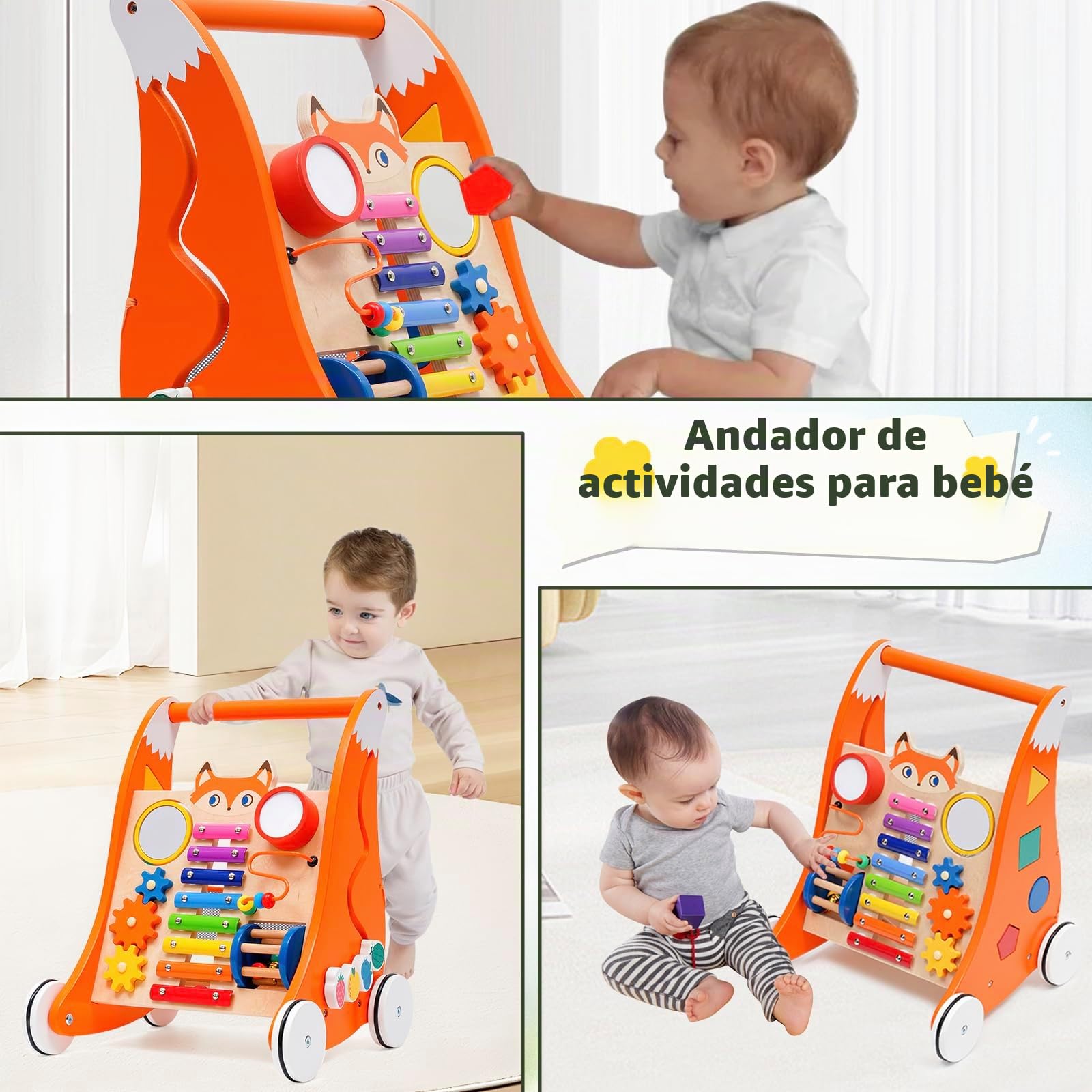 Andador de madera para niños pequeños, multifuncional con tablero de juegos y música, Andador divertido para bebés, con centro de actividades de juguete de madera