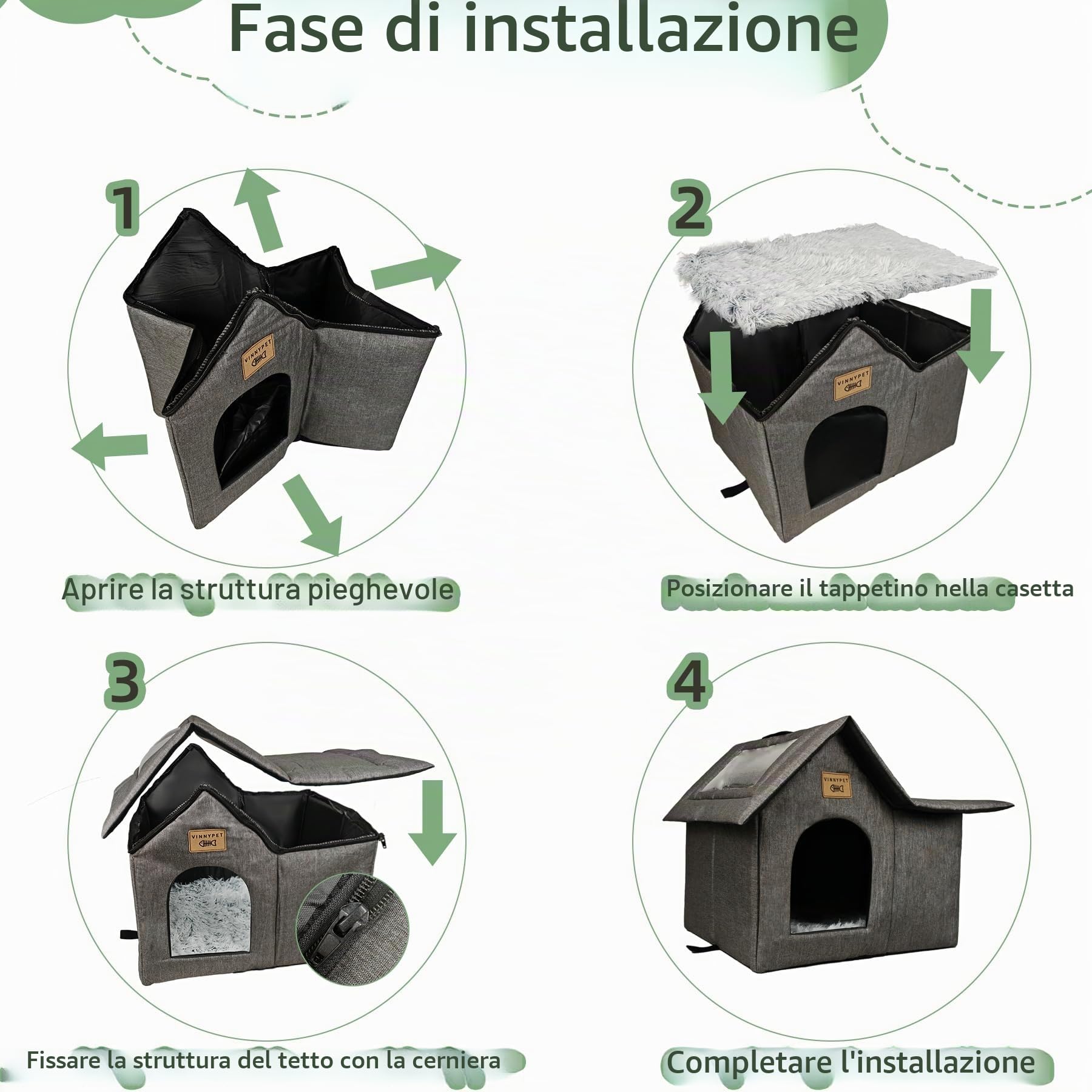 Casetta per Gatti per Esterni Cuccia per Animali Domestici da Esterno Impermeabile Con Cuscino Peluche Pieghevole per Cani e Gatti Rifugio Invernale per Gatti Randagi 45x35x40cm