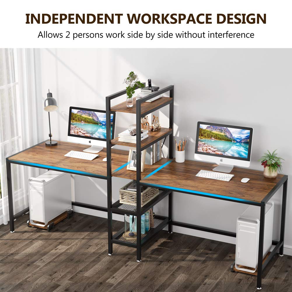 Tribesigns Two Person Computer Desk with Bookshelf, 89 Inches Office Double Desk with 2 CPU