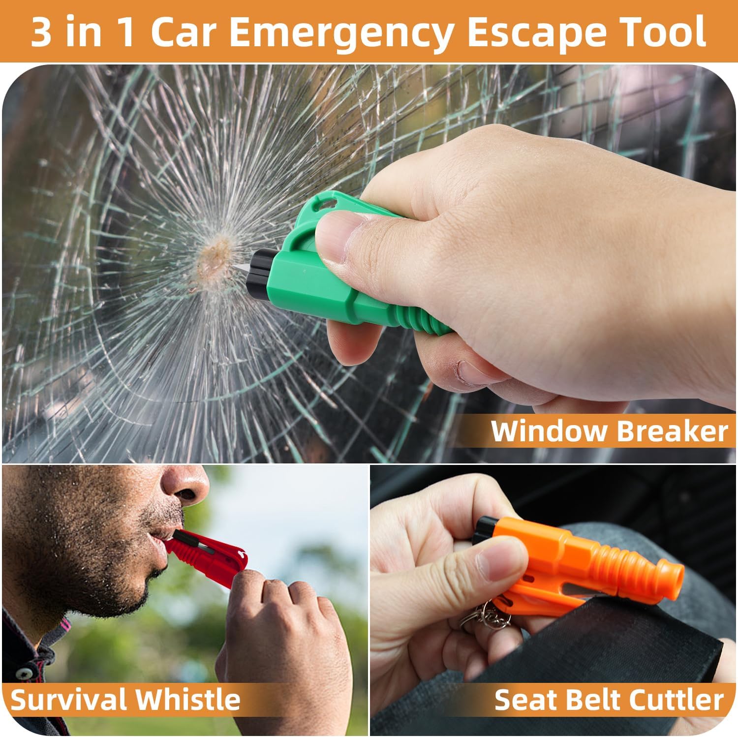 JINRUITOP 16Pcs Car Window Breaker Key Chains, Portable 3 in 1 Glass Breaker/Seat Belt Cutter/Survival Whistle, Safety Emergency Escape Tools, Multifunctional Car Accessories for All Vehicles