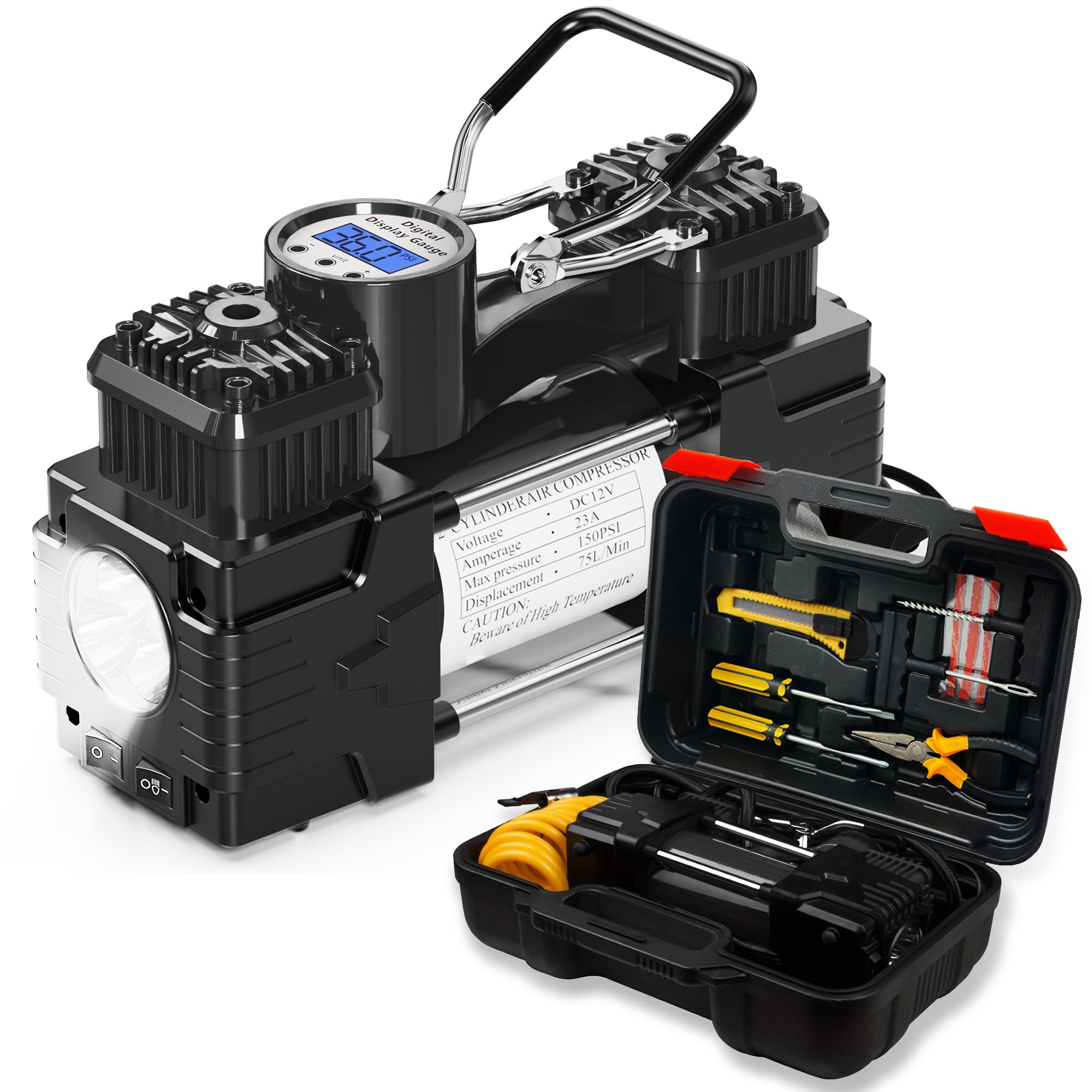 Compressore d'aria a doppio cilindro con kit di riparazione pneumatici e cassetta degli attrezzi, pompa ad aria portatile con display digitale, luce LED, spegnimento automatico, resistente