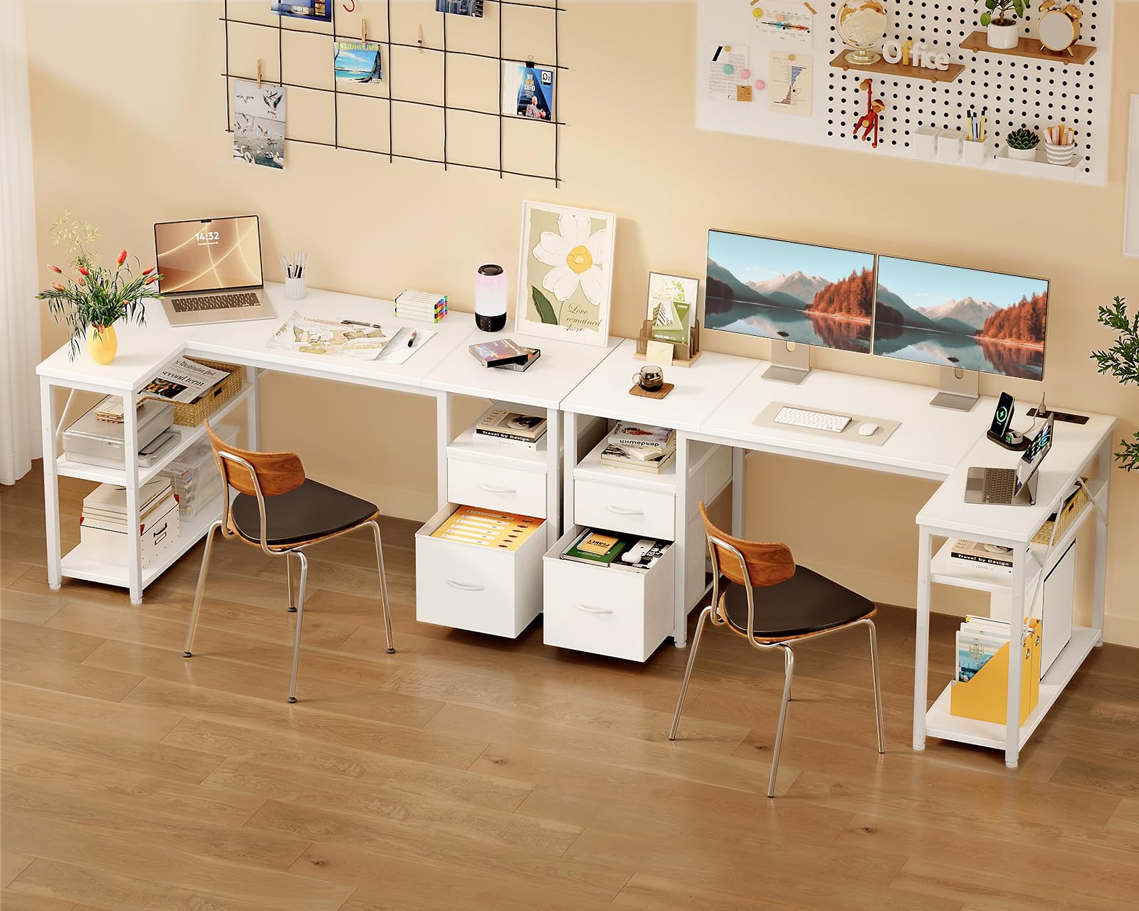 Coleshome Schreibtisch mit 2 Schubladen und Regal, 140×80 cm Eckschreibtisch mit Stauraum und Steckdose, Umkehrbarer Gaming Tisch für Homeoffice & Familienecke, Weiß