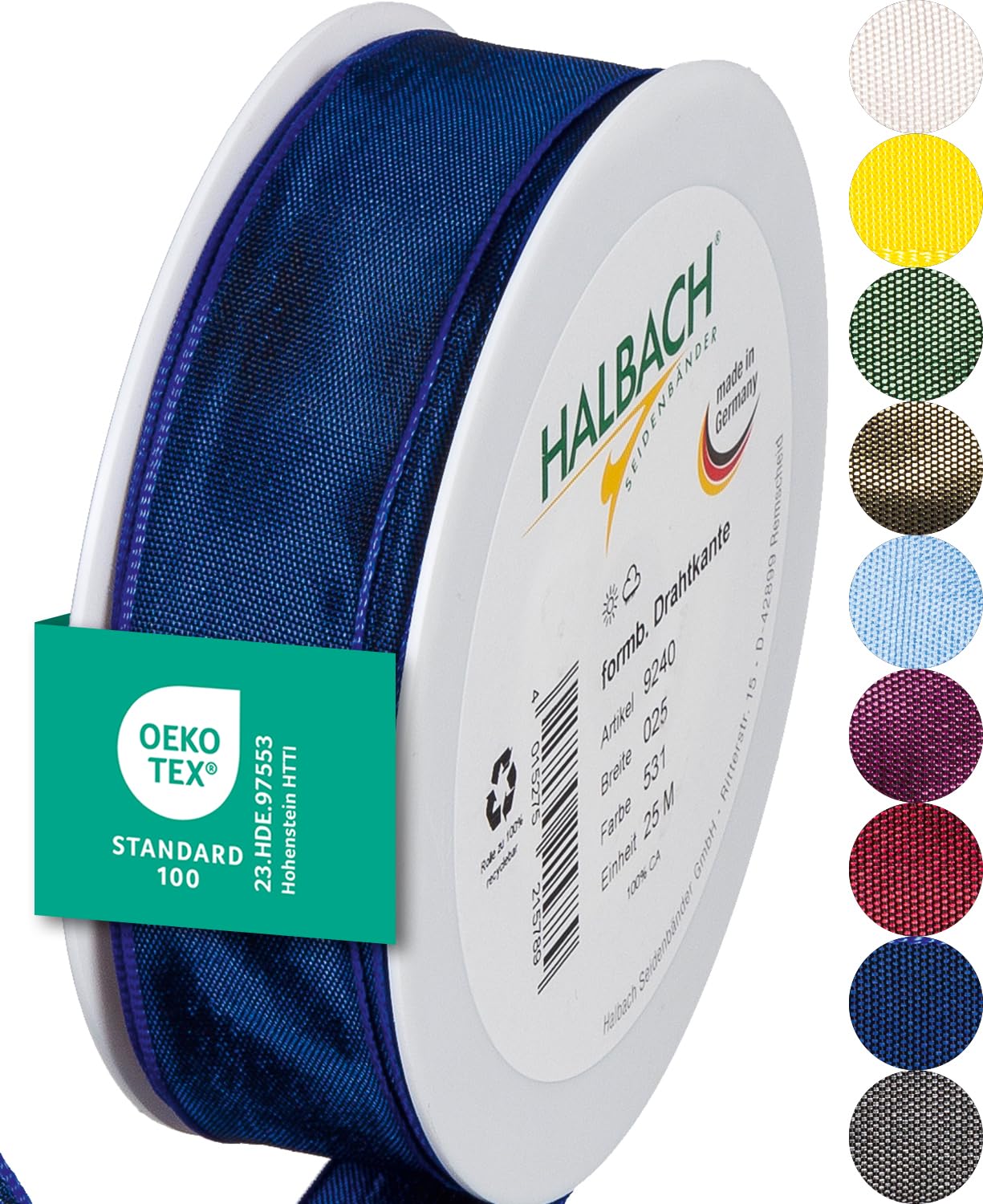 Halbach Seidenbänder Premium Geschenkband mit Drahtkante | Breite 25mm Länge 25m | Öko-Tex 100 zertifiziertes Schleifenband | Taftband Made in Germany, Farbe: dunkelblau