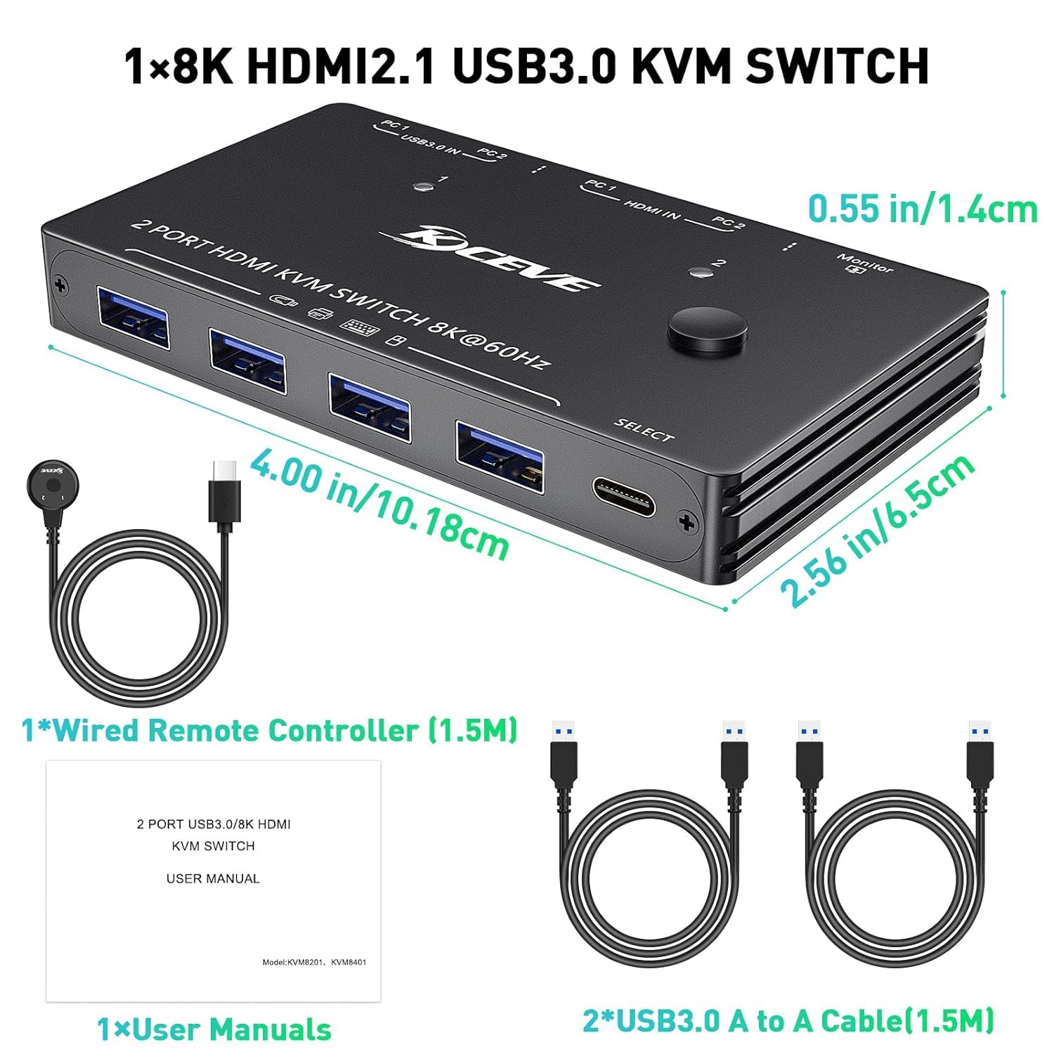 KCEVE 8K USB 3.0 Commutateur KVM HDMI Commutateur KVM 2 Ports Supporte une résolution de 7680 * 4320@60Hz, 3840 * 2160 @ 120Hz pour 2 Ordinateurs, la Souris, Clavier et Moniteur