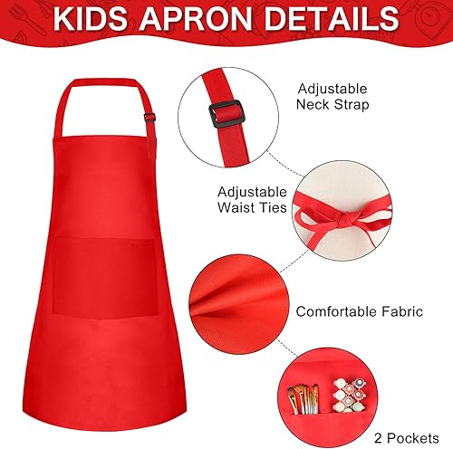 Miniatura 4 de PLULON 12 delantales ajustables para niños, delantales rojos a granel con bolsillo para pintura para niños y niñas, pintura, cocina, hornear (rojo)