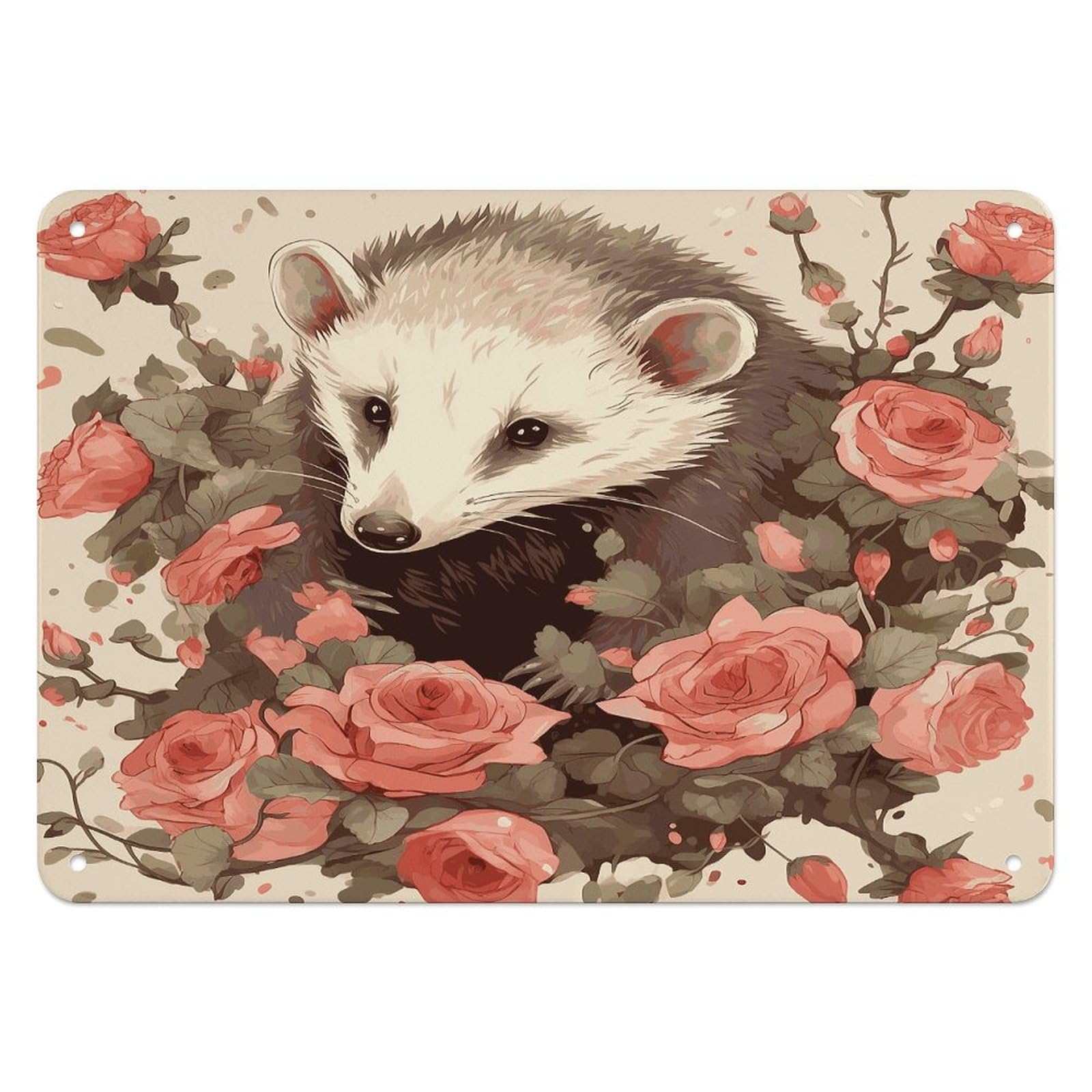 Fekiloot Style Opossum And Roses Wall Decor Iron Painting Metal Sign
