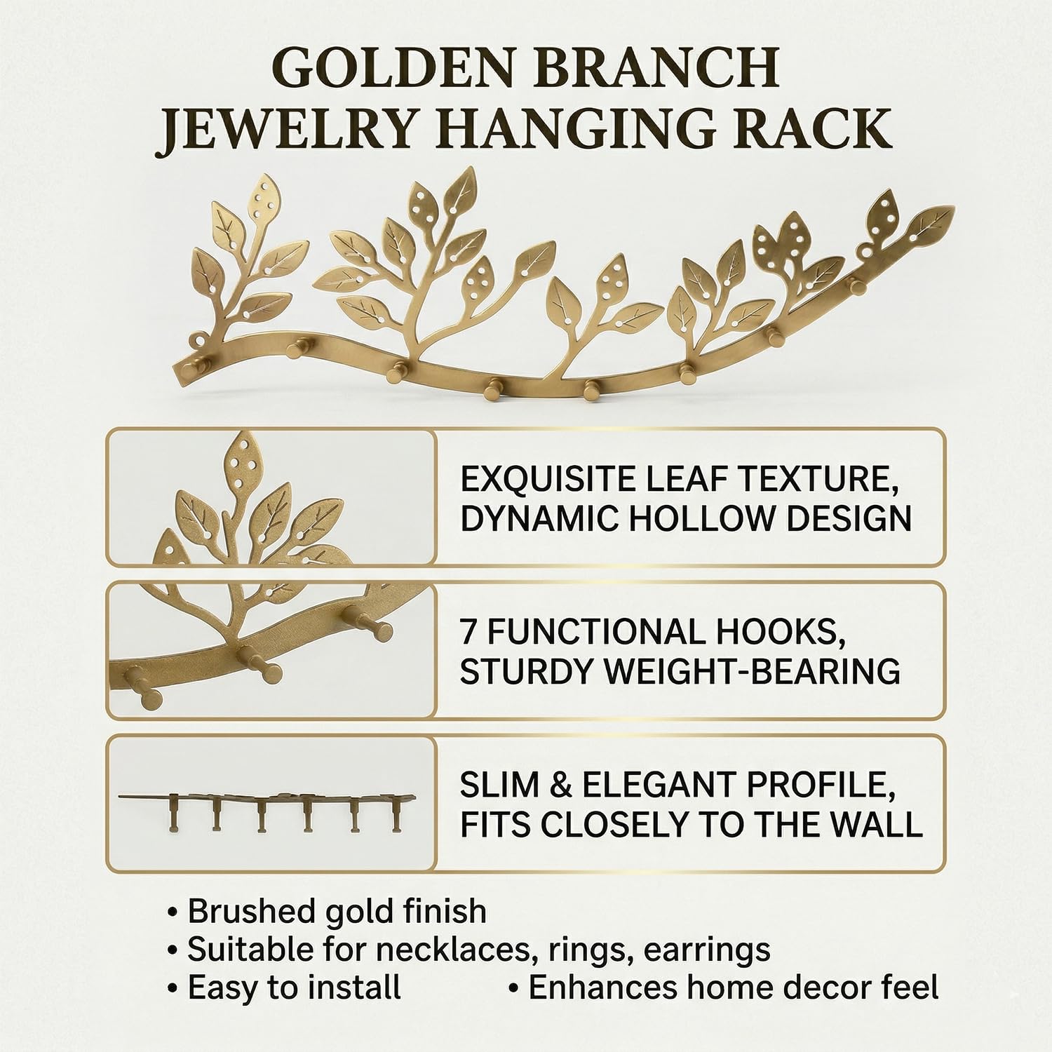 Organizador de collar de joyería montado en la pared con 8 ganchos y 43 agujeros, aretes perfectamente colgantes, pulsera y llaves, decoración de pared de rama de árbol de metal dorado rústico