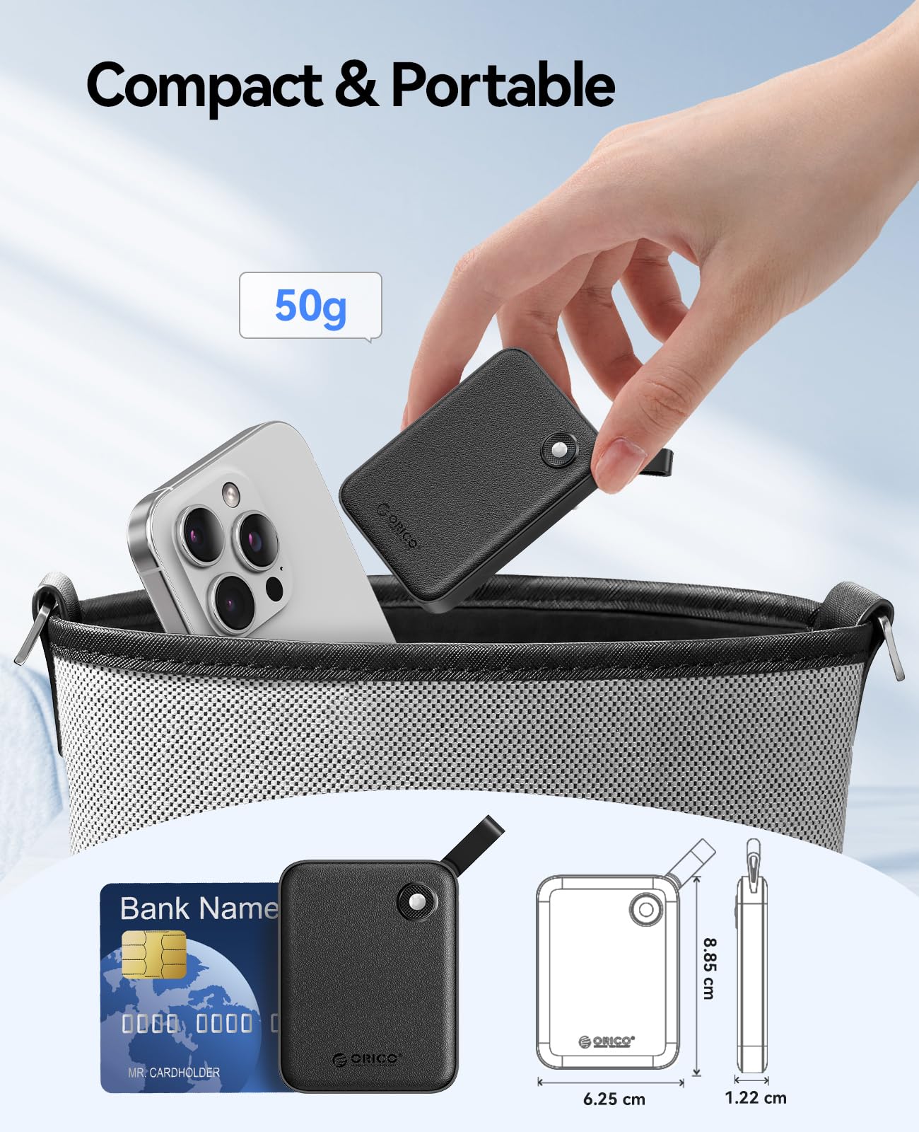 ORICO Extreme Portable SSD 480 GB do 460 MB/s, przenośny dysk SSD NVMe z kablem USB C 2 w 1 do iPhone'a 15/16 17, Mac, PC, smartfona i konsoli do gier, B5PLUS-VB