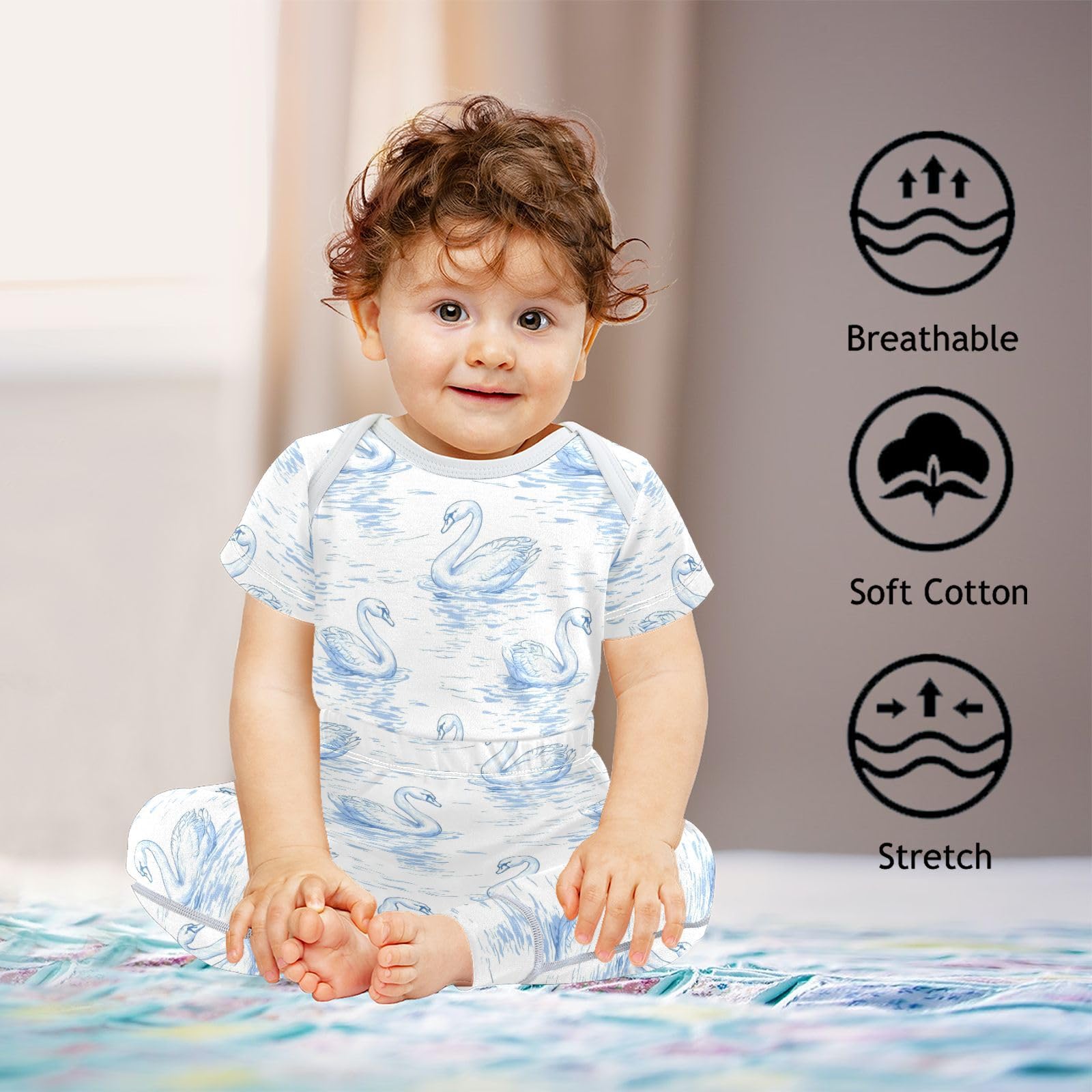 vvfelixl Unisex Short Sleeve Baby Pants Sets,Light Blue Swans Baby Bodysuits Set,Babys Layette Sets Clothes for 18-24M