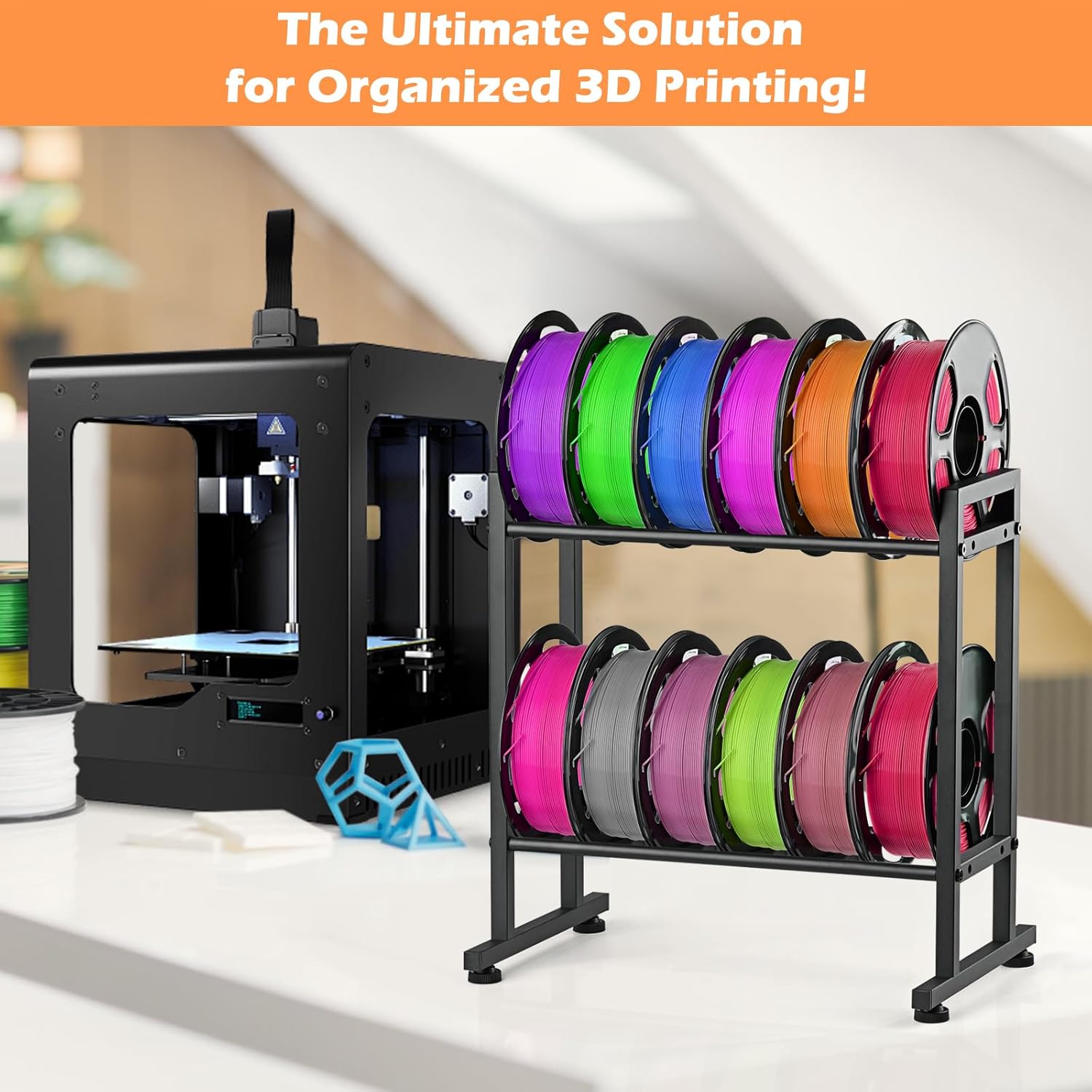 MAYJOY Desktop 3D Printer Filament Storage Rack 2-Tier Metal Spool Holder, Filament Organizer for 3D Printing, Tabletop Rack for PLA/ABS/TPU, Fits 10-12 Spools, Ideal for Home, Office, Workshop