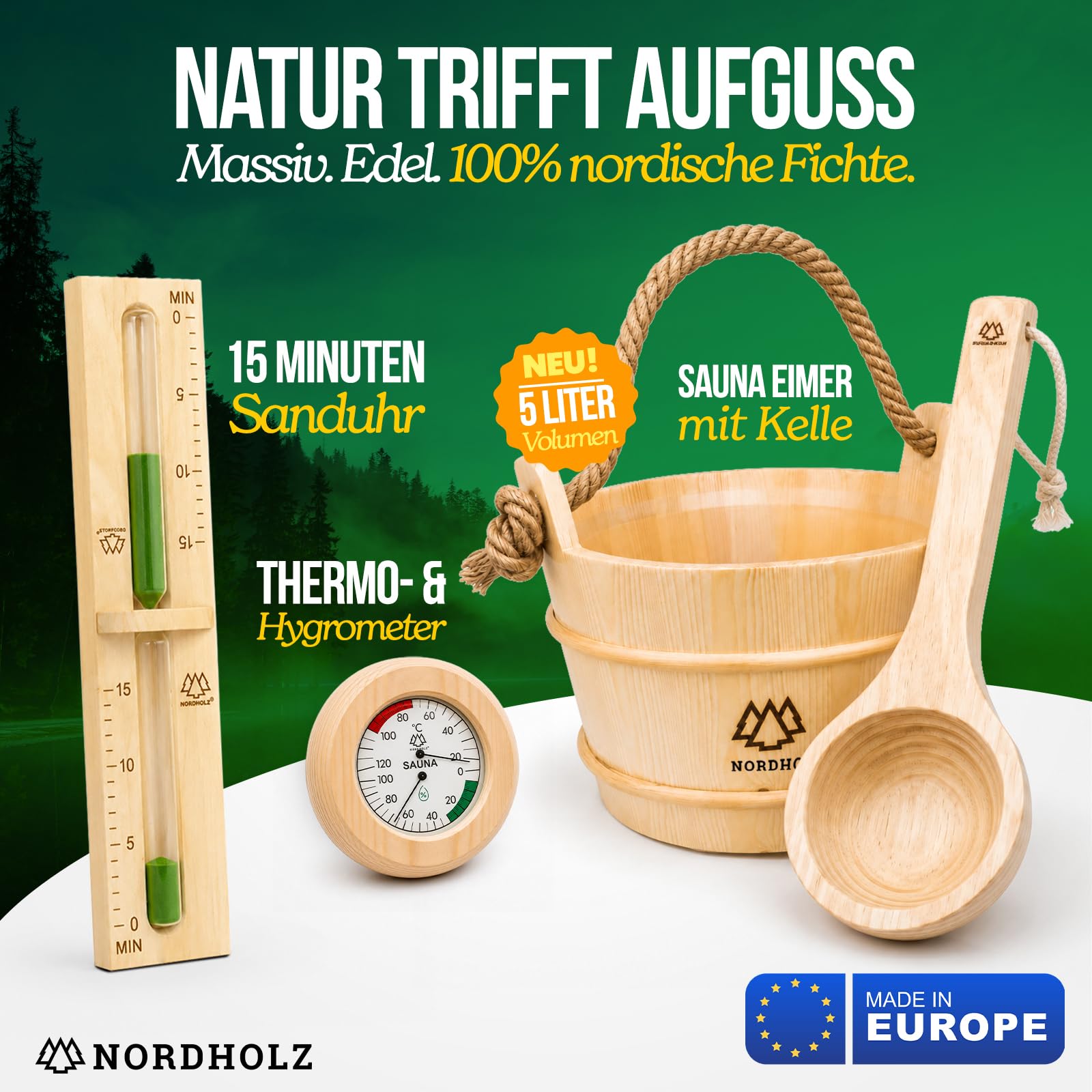 NORDHOLZ® Sauna Zubehör Set XXL [inkl. 5x100ml Sauna Aufgussmittel + 100g Mentholkristalle] Sauna Eimer mit Sauna Sanduhr & Sauna Hygrometer - Sauna Zubehör Geschenk + 3 Ätherische Öle je 15ml