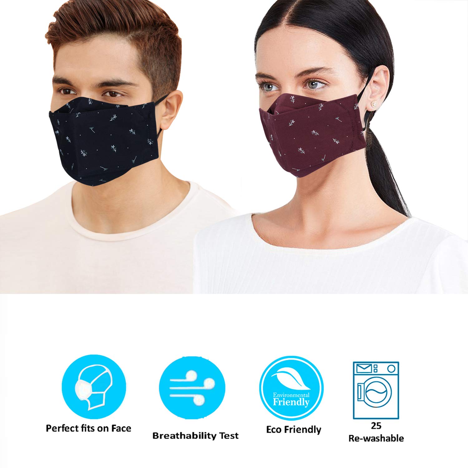 Cenwell 5 Pcs 100% Cotton 3d Mask with Adjustable Earloop, Ear Saver Strap & Meltblown Filter, Printed, Breathable, Reusable, Washable Designer Fabric Face Mask for Men, Women & Teens 3
