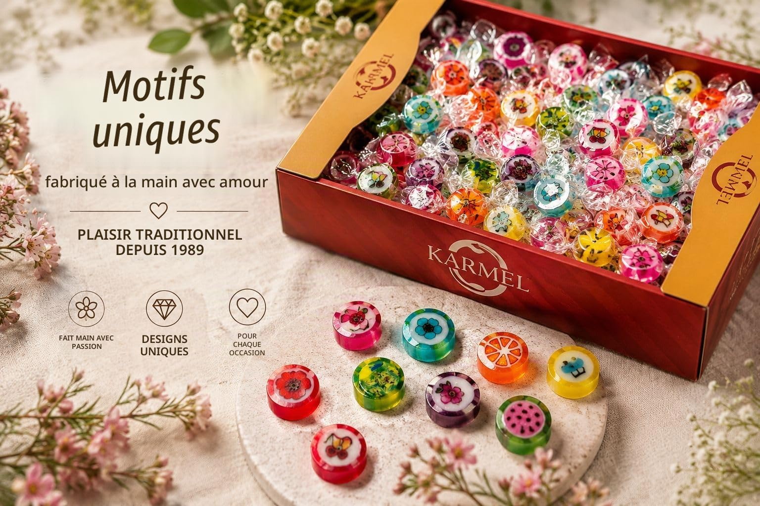 Bonbons fruités 1kg, bonbons durs aromatisés, fabriqués à la main dans des designs uniques, grande boîte de bonbons d'un petit producteur familial