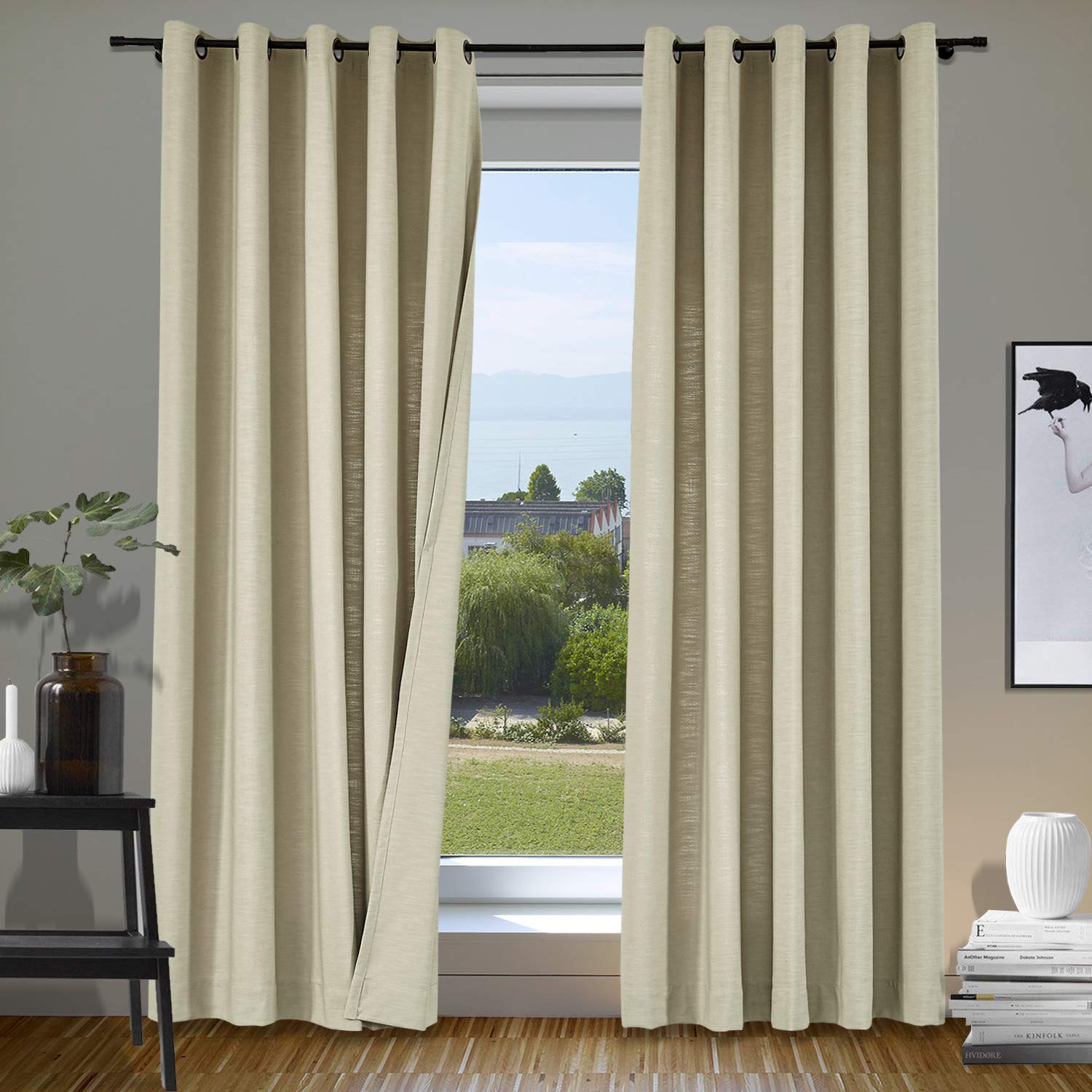 cololeaf52 Inch Width by 102 Inch Length Natural Linen Blended Curtain Panels for Living Room Light Reducing Linen Curtains, Bronze Grommet Window Panels, Flax (1 Panel)