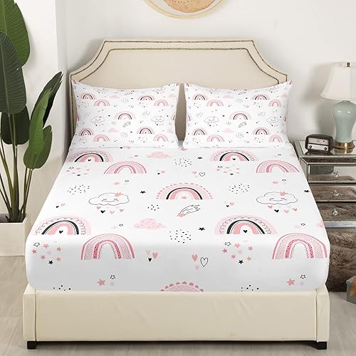 Miniatura 3 de Sábanas de cama de arcoíris rosa, sábana bajera de nube Kawaii tamaño individual para niños y niñas, decoración de dormitorio, juegos de ropa de