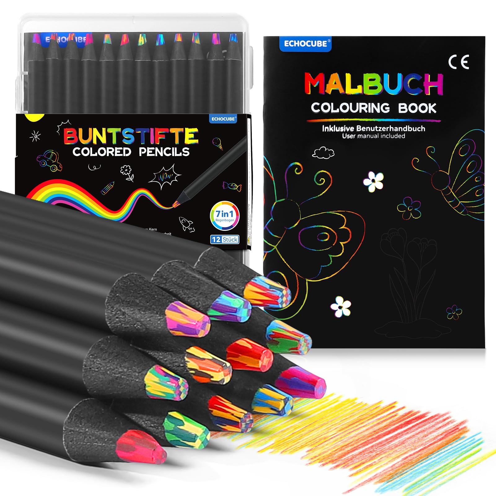 ECHOCUBE 12-Pack Rainbow Pencil, 7-in-1 Coloured Pencils for Children Drawing & Writing, Arts and Crafts Supplies for Kids, Wooden Multi-Color Pencils for Party Bags Gifts