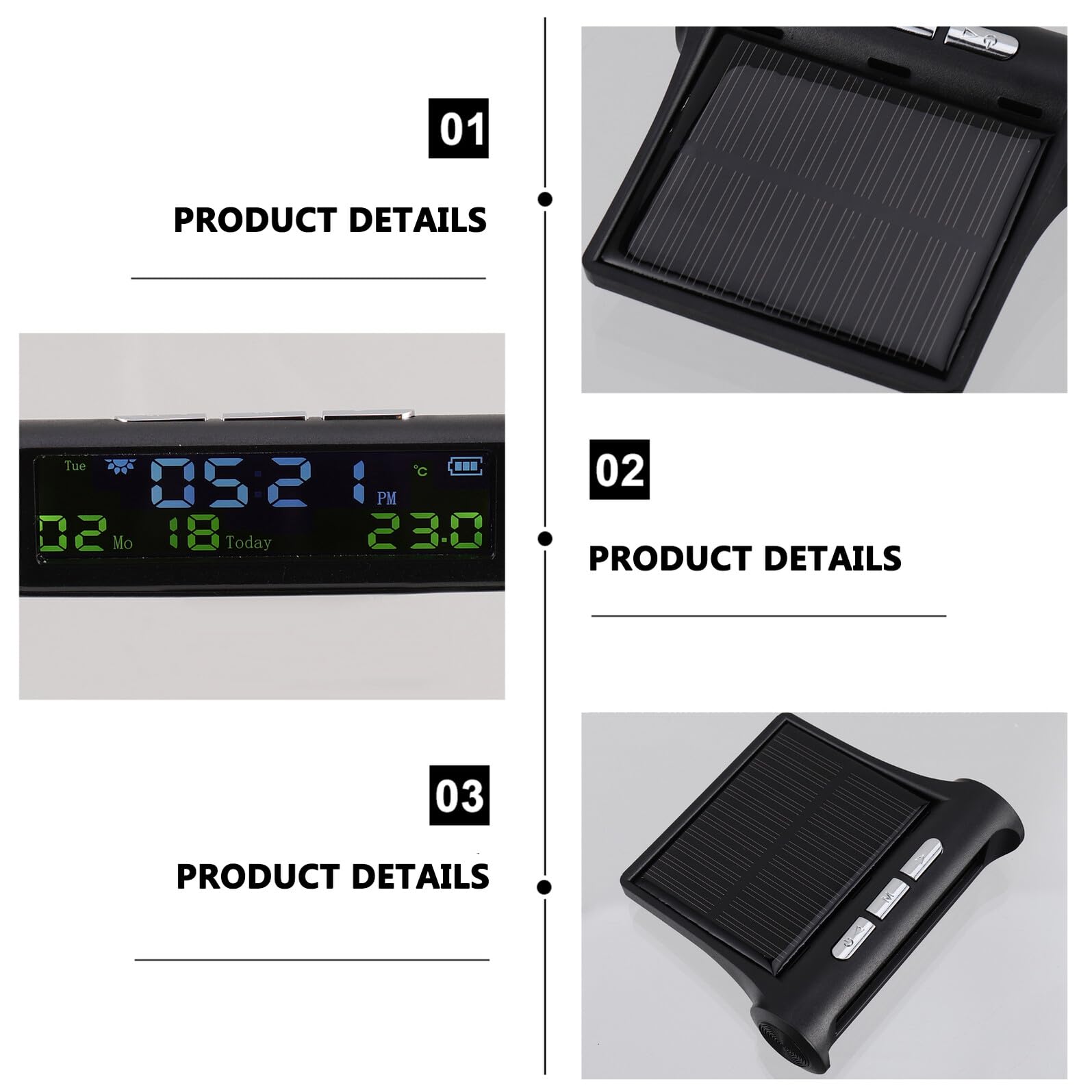Solar Auto Uhr mit Automatischer und Kalenderanzeige Woche und Temperaturdisplay Gehäuse aus Abs und PC für Fahrzeugarmaturenbrett