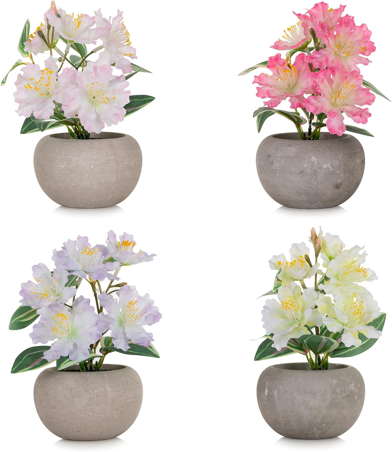 BLOSMON Small Artificial Flower in Pot: Set of 4 Mini Potted Fake Flowers for Rustic Farmhouse Table Decor - Faux Silk Azalea with Vase Floral Arrangement for Dining Living Room Kitchen Lilac+yellow+light Pink+dark Pink