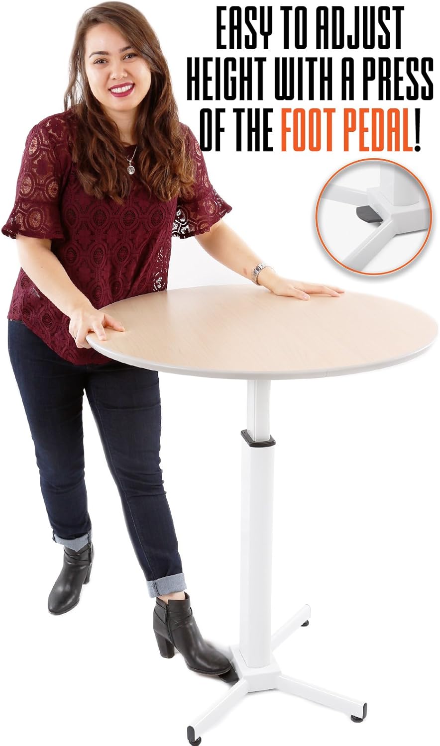 Stand Steady Adjustable Height Round Table - Ergonomic Sit to Stand Desk, Side Table, High Top Cocktail Cafe Table - Ideal for Saving Space and Comfortable Sitting (White/Maple, 31.5in x 28-42.5in)
