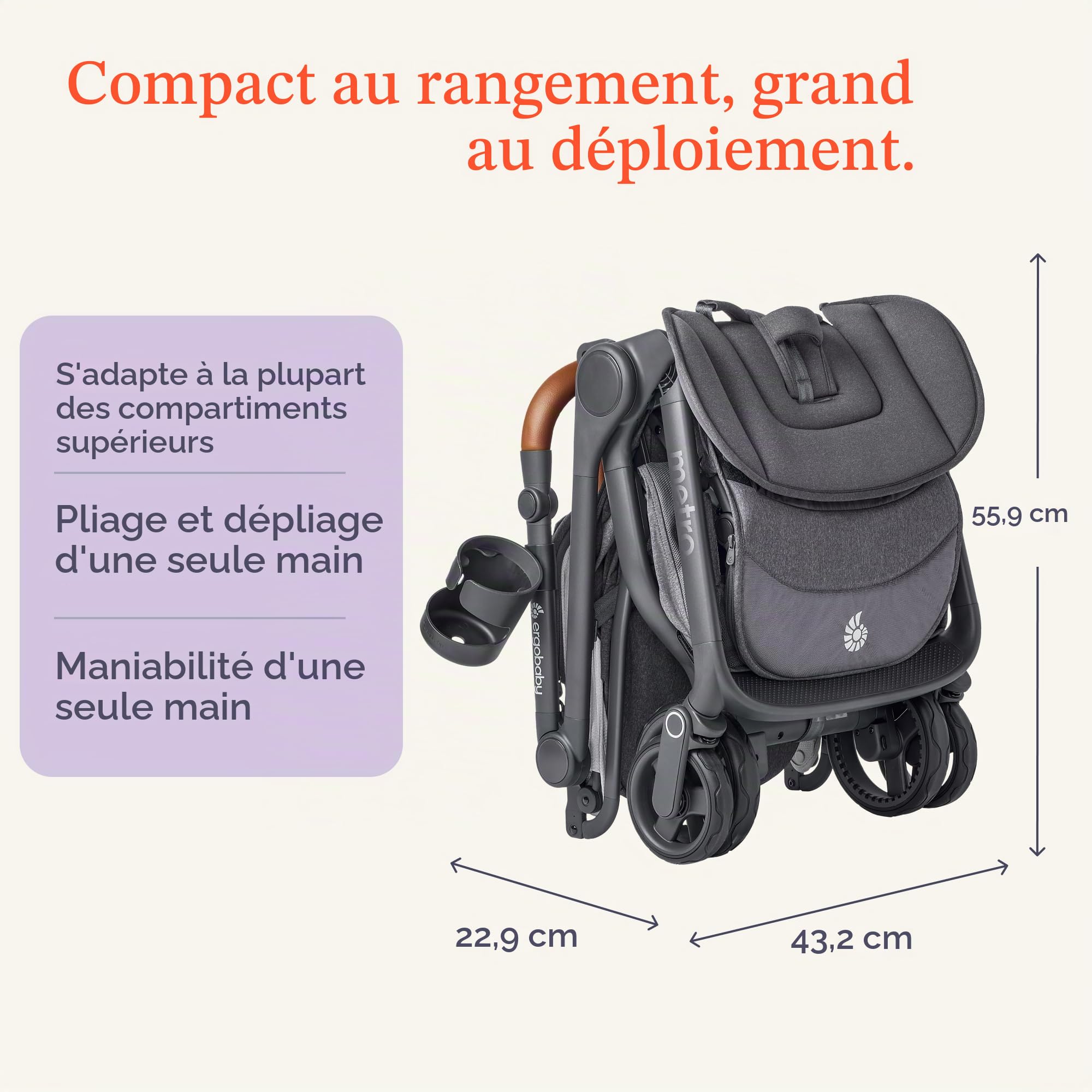 Ergobaby Metro 3 Deluxe Poussette compacte inclinable, poussette de la naissance à 22 kg (0-4 ans), pliage à une main, compatible siège auto, avec sangle de transport, Pearl Grey