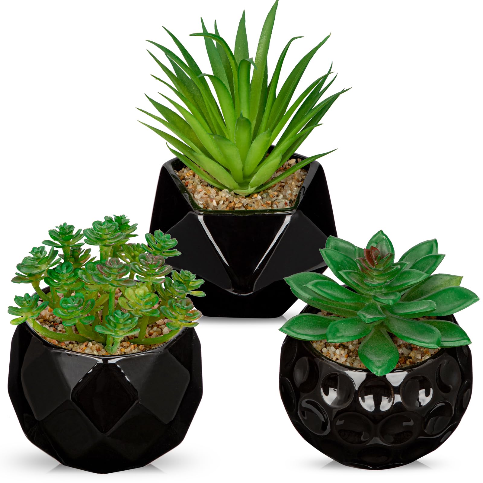 Briful Set of 3 Fake Plants Artificial Succulents in Black Ceramic Pot, Small Artificial Plants Faux Succulent for Tabletop, Decorative Succulent Plant for Bathroom, Bedroom, Home Decor