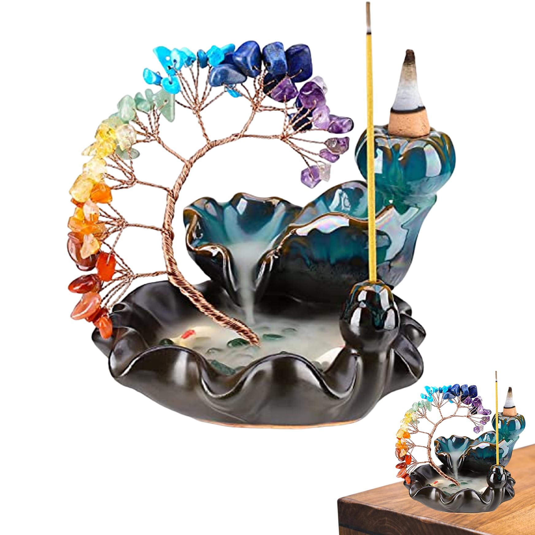 Wedhapy Waterfall Incense Holder Backflow Incense Burner with Crystal Tree Holder Waterfall Burner Classical Style Yoga 3.94x4.72 Inch