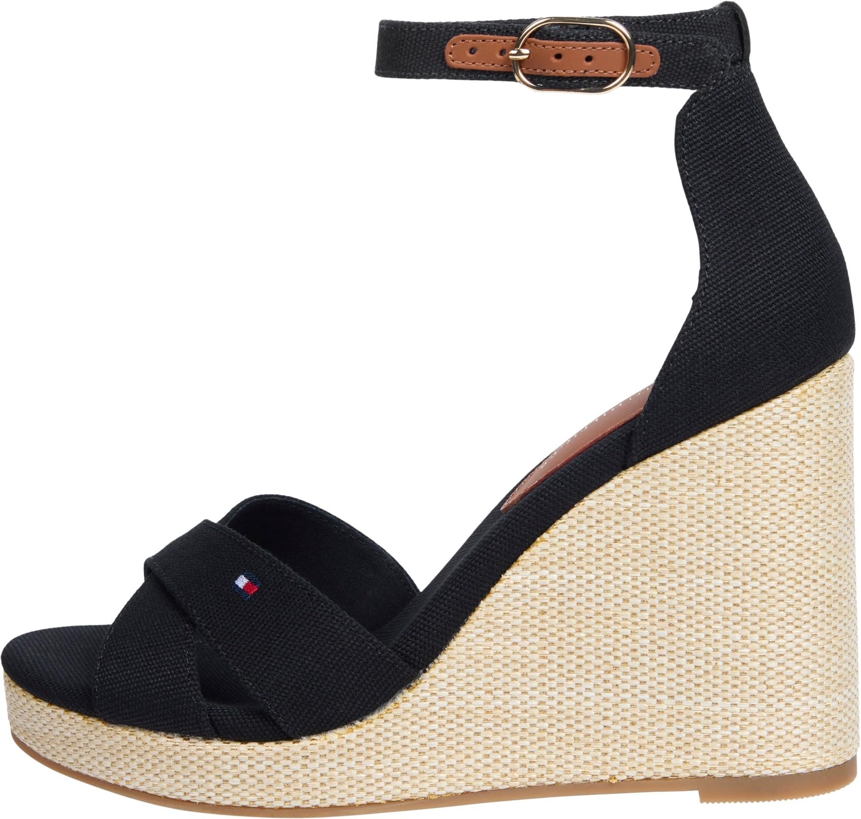 Tommy Hilfiger Women’s Flag Crossover High Wedge Sandals with Ankle Straps, Black (Black), 7