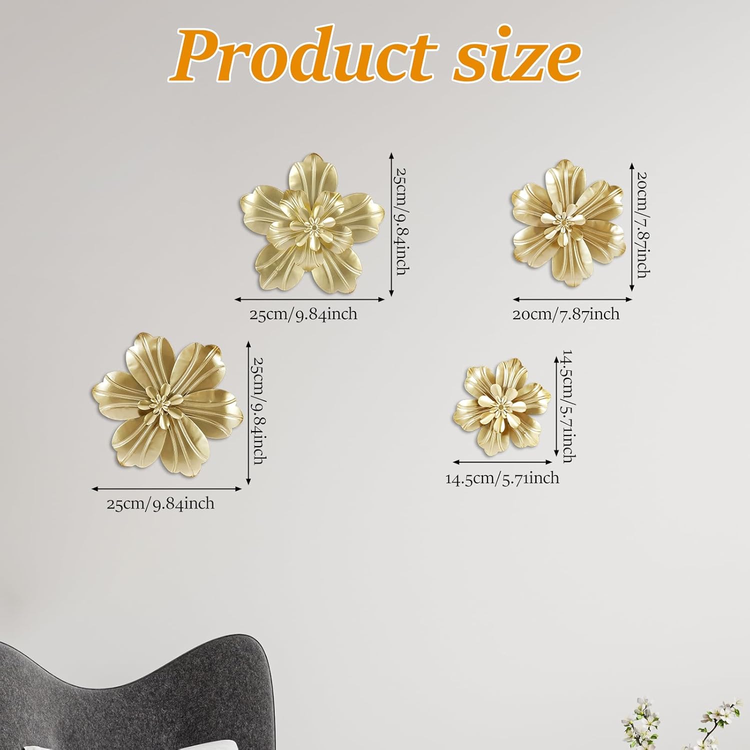 XYTZHSAI 4Pcs Metal Flower Wall Art Decor, Modern Hanging Sculpture, Gold 3D Flower Wall Art, Living Room Wall Decoration