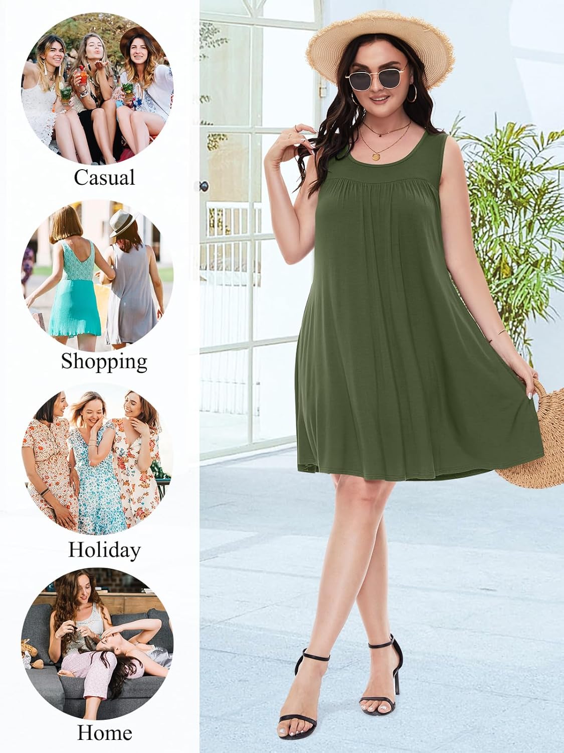 BELAROI Women Plus Size Summer Dresses Beach Sundress Casual Swing Scoop Neck Pleated Sleeveless Tshirt Tank Dress Swimsuit Cover Ups with Pockets (1X, Army Green) - Image 4
