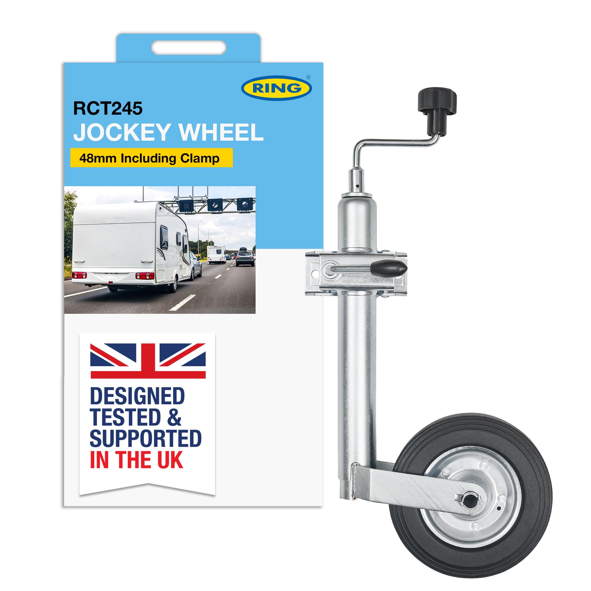 RING 48 mm Jockey Wheel Assembly Complete With Clamps to Attach to Trailer Chassis - Zinc Plated Steel for Corrosion Resistance