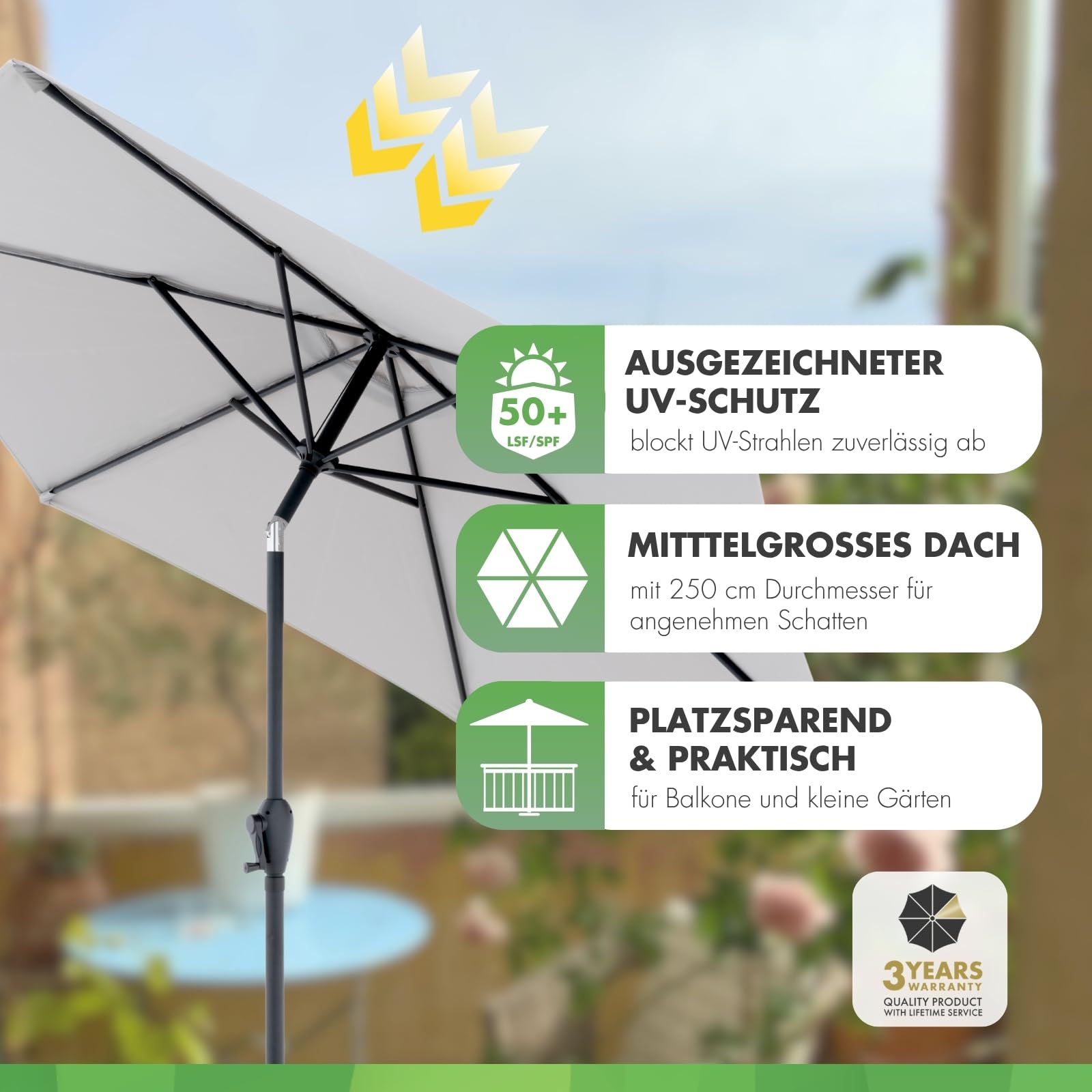 Doppler Sonnenschirm für den Garten Jack 250cm in Hellgrau - Runder Sonnenschirm für Balkon & Terrasse - Schirm knickbar - Balkonsonnenschirm - Kurbelschirm - Gartenschirm mit Kurbelfunktion
