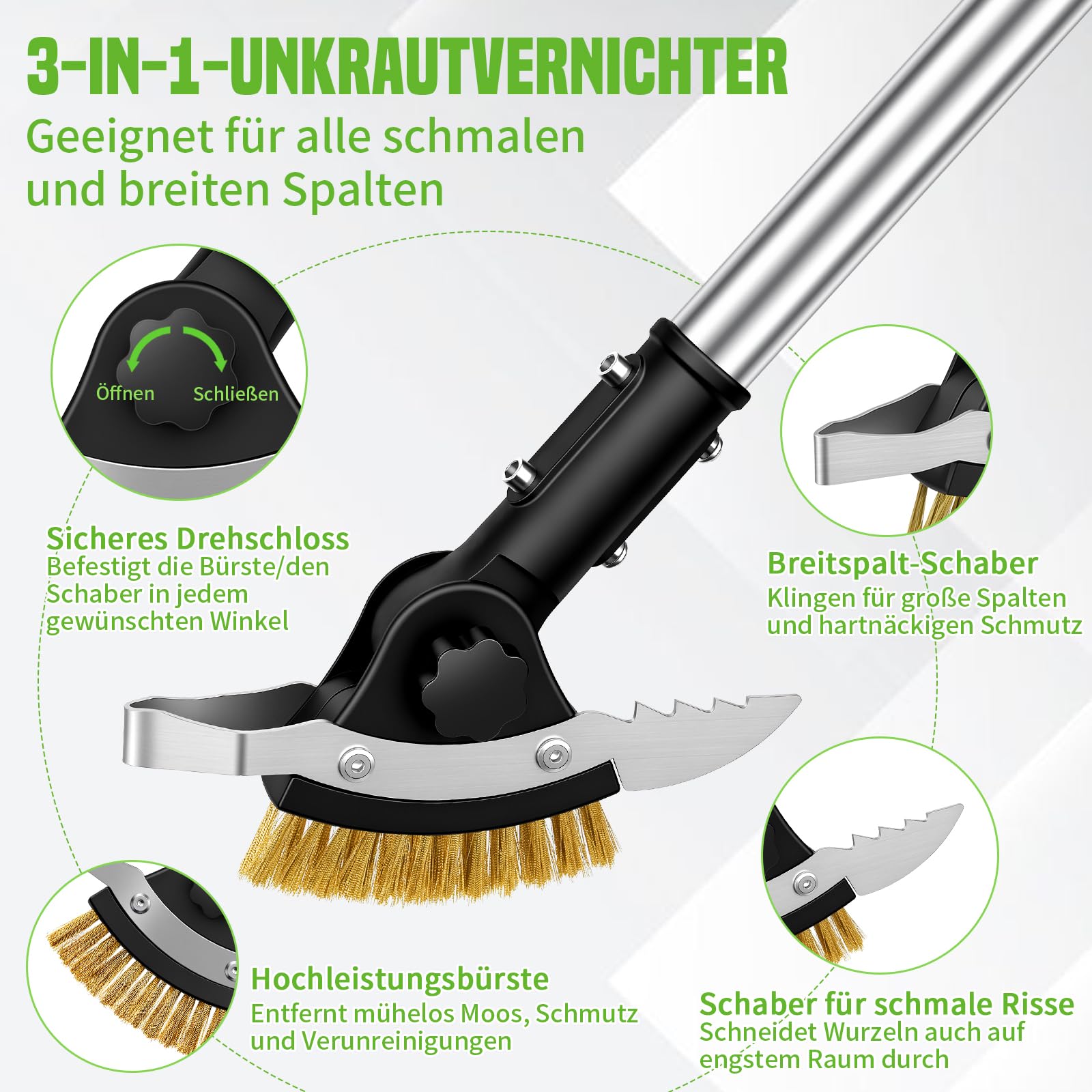 Hysagtek Garten Fugenkratzer - 3-in-1 Fugenbürste Unkraut, 150cm Verstellbarer Unkrautentferner mit Stiel, Fugenreiniger mit Moosbürste und 2 Edelstahl-Schabern Garten, für Treppen, Terrassen, Gehwege