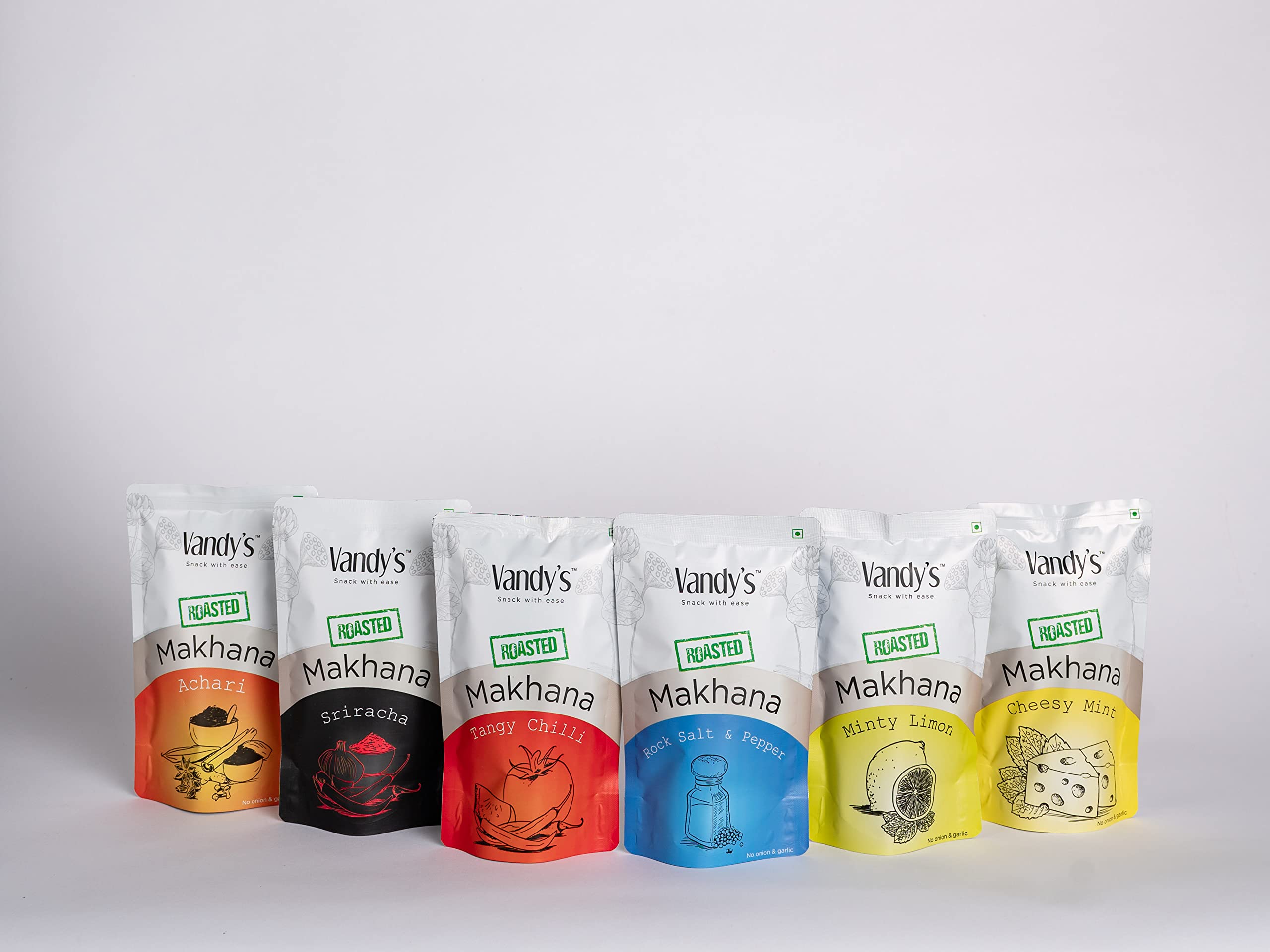 Vandy's Snack with ease Roasted Makhana| Lotus Seeds| Gluten-Free Snack| Assorted Flavours|Achari|Minty Limon|Rock Salt&Pepper| Tangy Chilli|Sriracha |Cheesy Mint| Combo Pack Of 6 Snacks-200G-image-35
