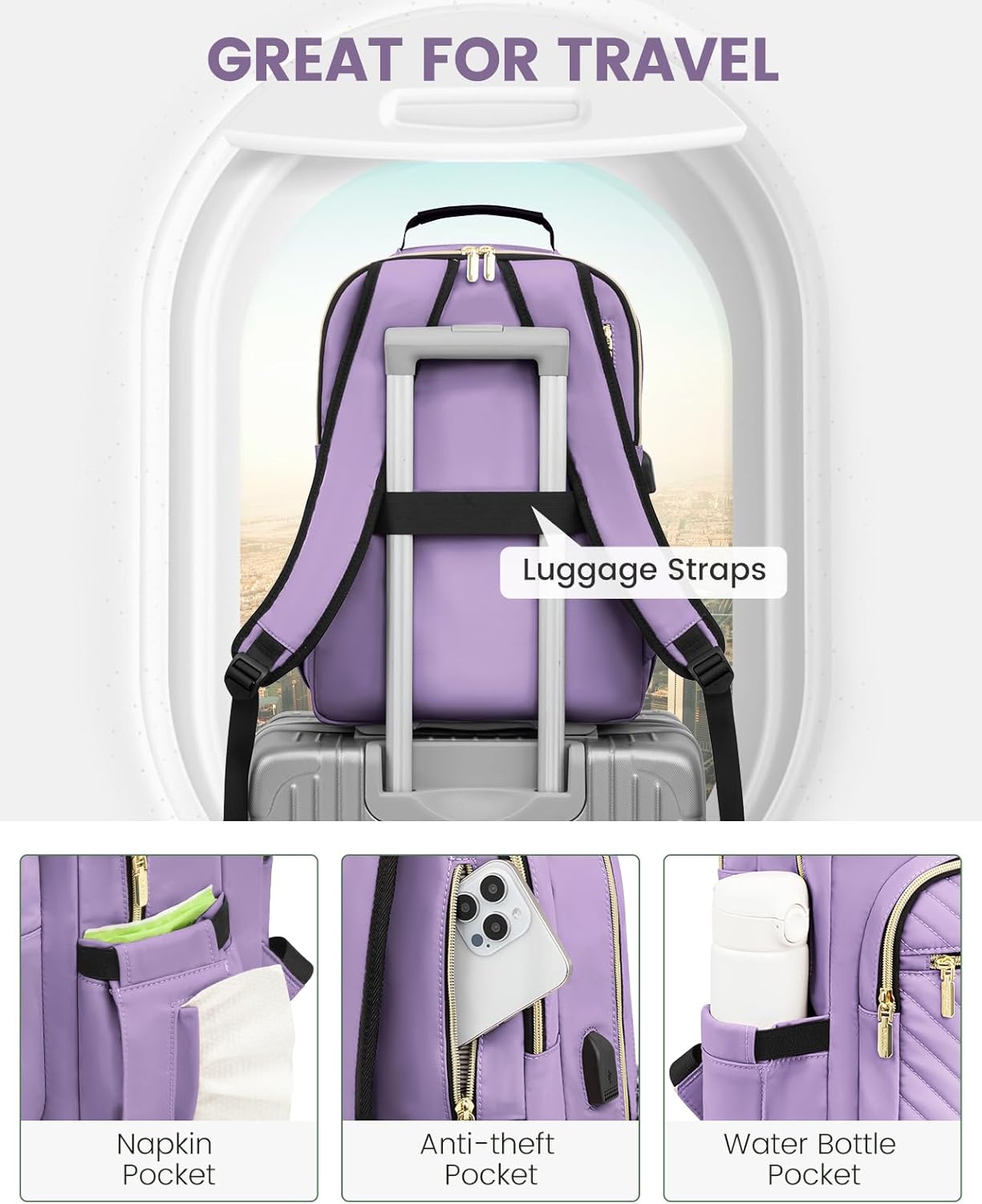 LOVEVOOK Laptop Backpack for Women, Travel Computer Work Bags with 17-inch Laptop Compartment, College School Student Bag Teen Backpacks For Girls, Outdoor Carry On Backpack Purse, Purple