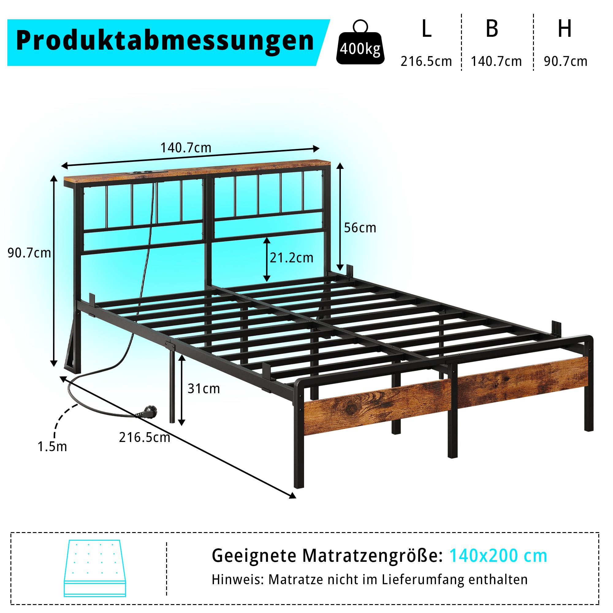 IRONCK Cama Matrimonio 140 x 200 cm con Estación de Carga y LED