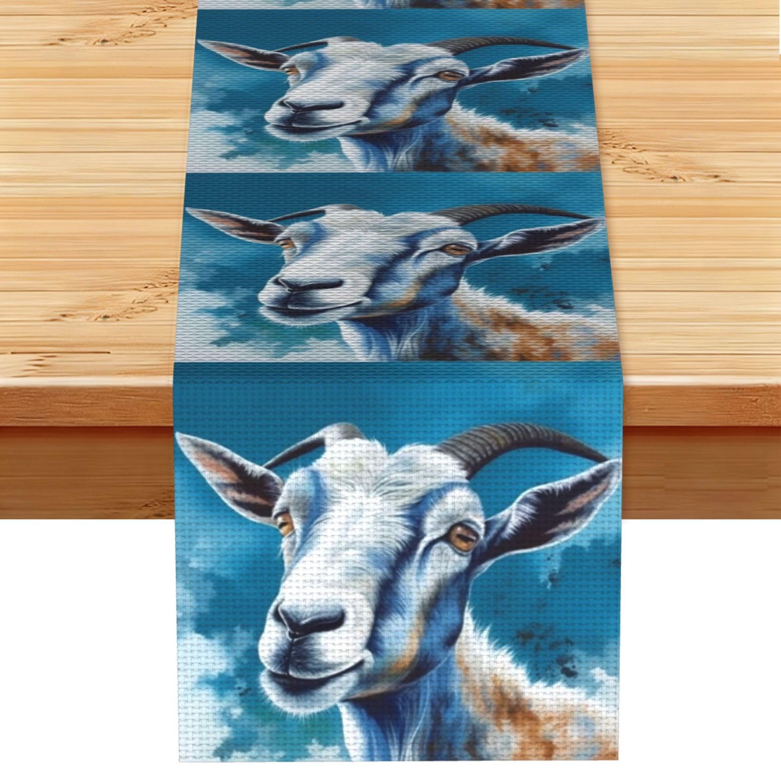 Blue Goat Print Table Runner 13 x 72 Inches Long, Cotton Linen Table Runners for Kitchen Dining Table Decoration - Washable Tablecloth Modern Tablerunner for Home Party Decor
