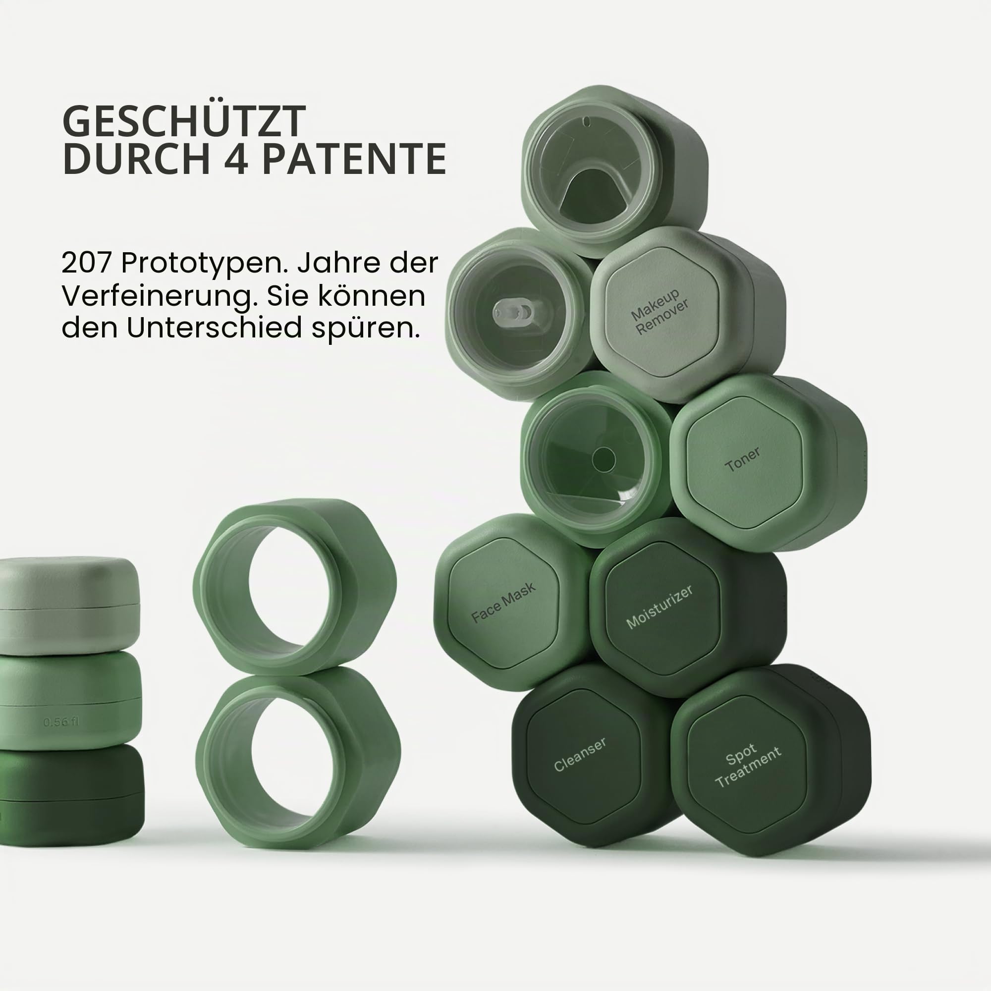 Cadence Reisebehälter Haarpflege-Kapsel-Set – magnetische Behälter mit Deckel, Reiseutensilien für Damen/Herren – 3 Flex-Medien (37,4 g) – Shampoo, Conditioner und Kamm-Symbol-Etiketten – immergrün