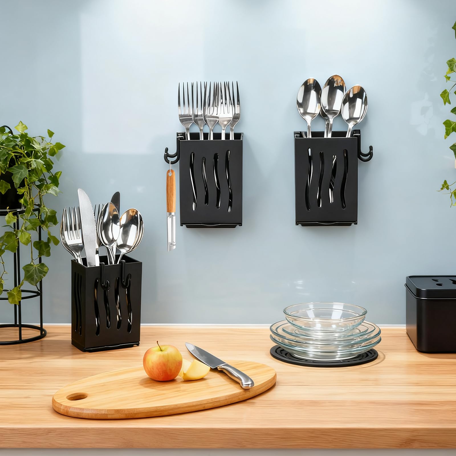 Estante de secado de utensilios, 4 soportes para utensilios de pared, accesorios de cesta de drenaje de cocina, escurridor de platos de plástico, cubiertos, tenedor, cuchara, organizador con