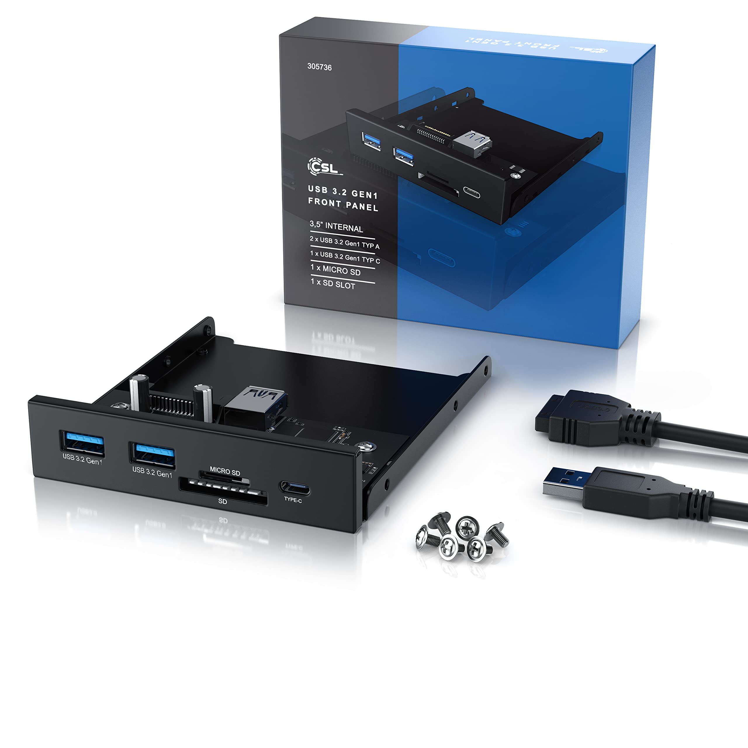 CSL USB 3.2 Gen.1 Front Panel aus Metall, interner Cardreader, Interne Speicherkartenleser, bis zu 5 Gbit/s, 5 Schnittstellen, 2 x USB 3.0 Typ A + 1 x USB C + MicroSD + SD Slot, Multifunktionspanel