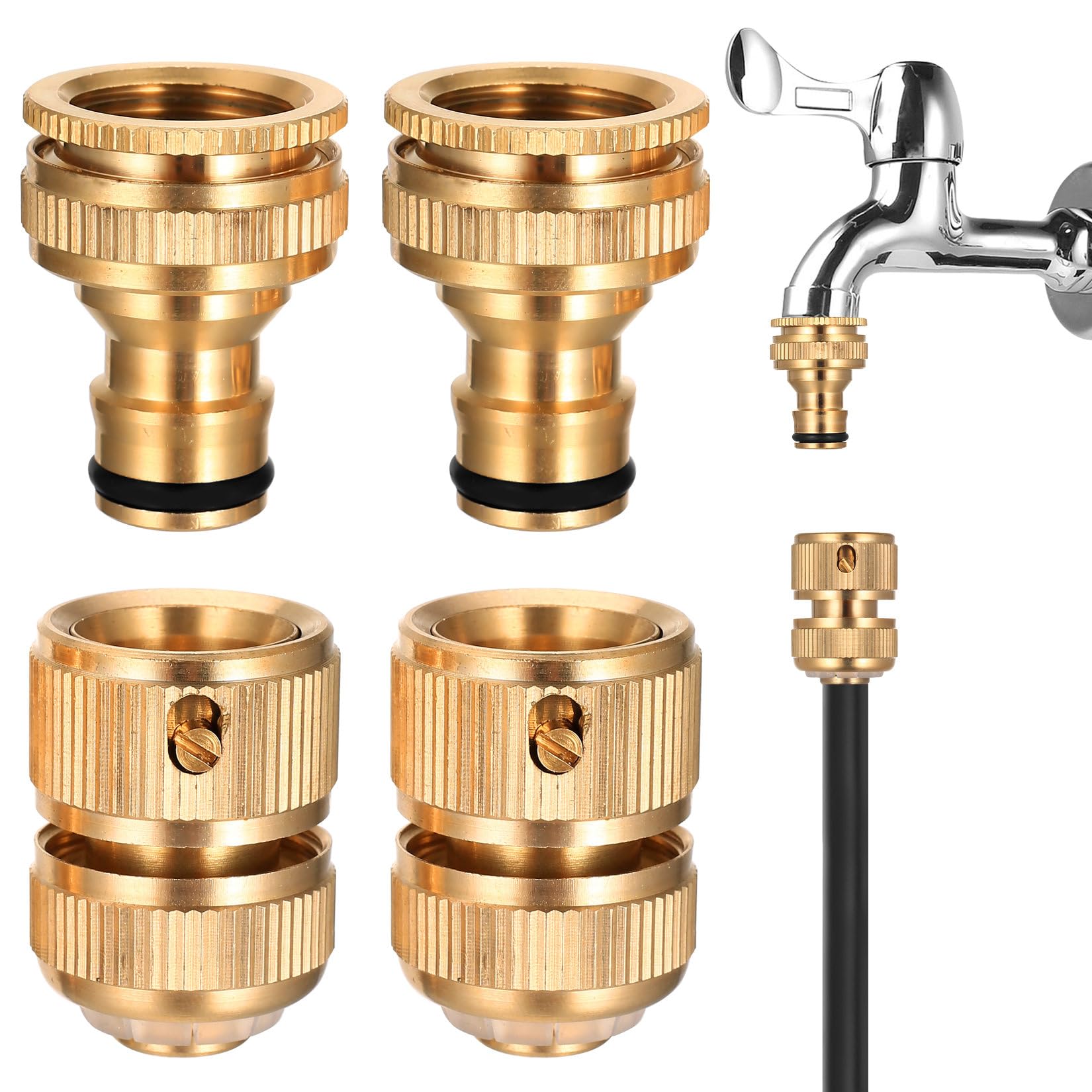 Brass Hose Pipe Connectors and Fittings, 2 pairsHose Quick Connector, 1/2 Inch 3/4 inch Brass Hose Fittings, Garden Hosepipe Connectors, Male and Female Adaptors for Car Wash Garden Irrigation System